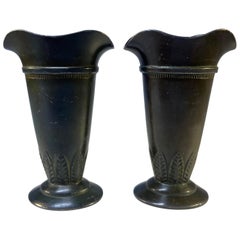 Delightful Pair Just Andersen Disko Metal Flared with Leaf Decoration Vases #D55