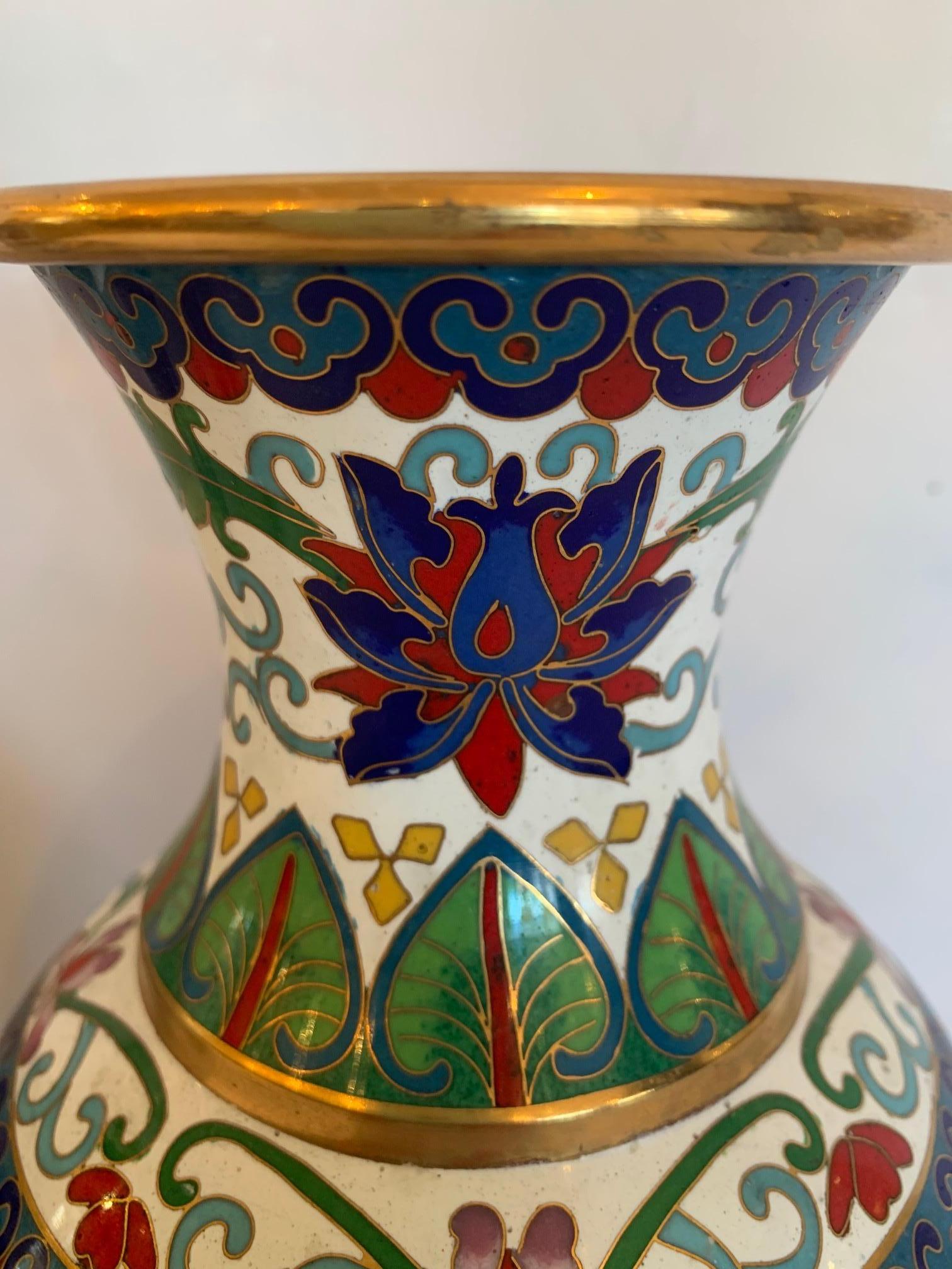 Delightful Pair of Colorful Asian Cloisonné Enamel Vases on Carved Wooden Bases 3