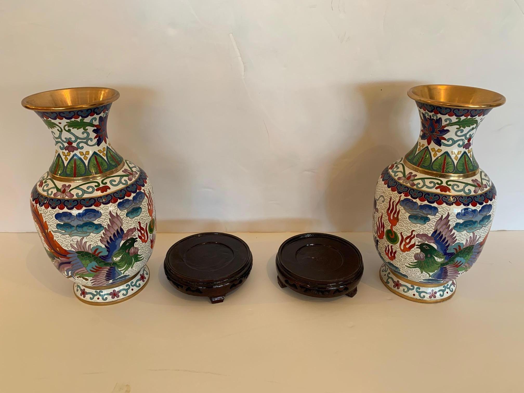 Delightful Pair of Colorful Asian Cloisonné Enamel Vases on Carved Wooden Bases 4