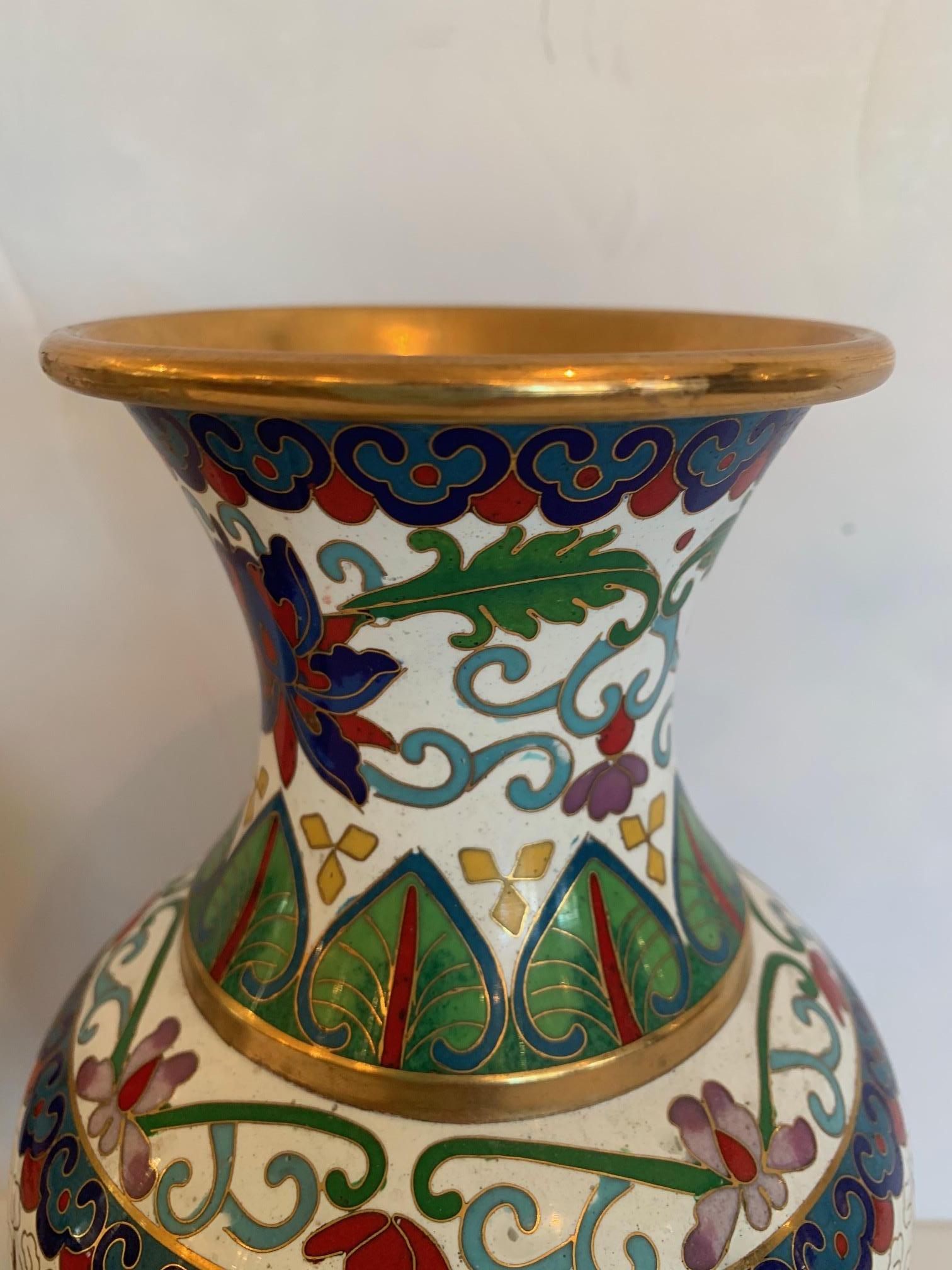 Chinese Export Delightful Pair of Colorful Asian Cloisonné Enamel Vases on Carved Wooden Bases