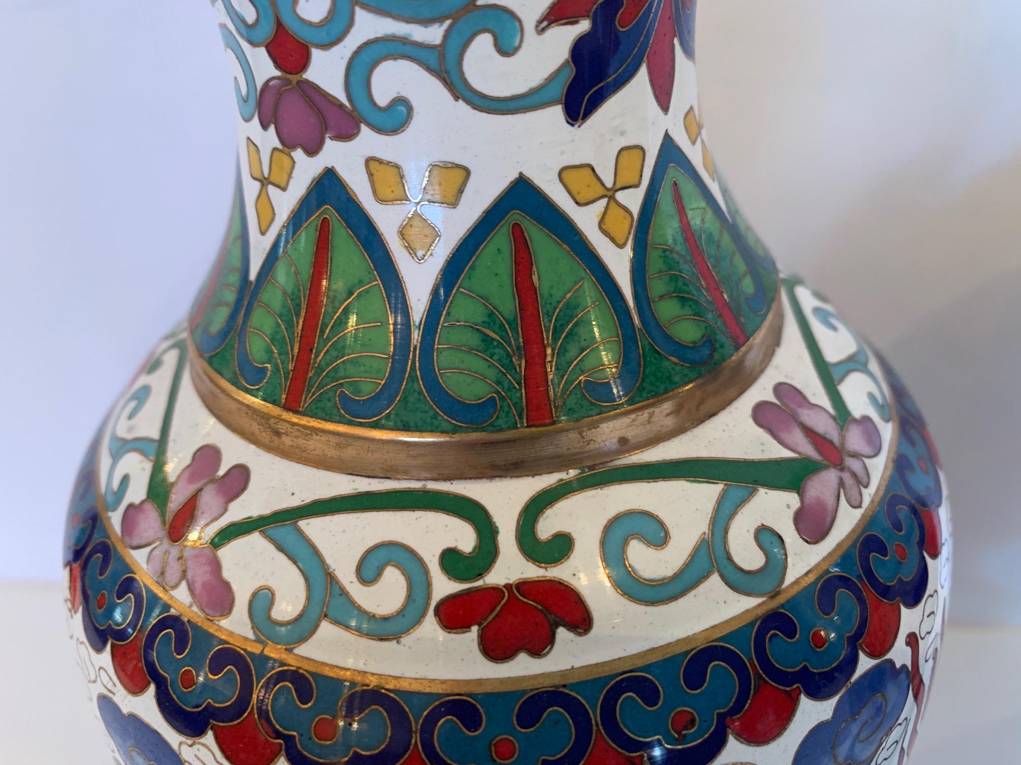 Cloissoné Delightful Pair of Colorful Asian Cloisonné Enamel Vases on Carved Wooden Bases