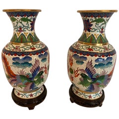 Delightful Pair of Colorful Asian Cloisonné Enamel Vases on Carved Wooden Bases