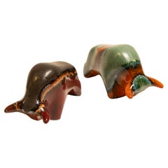 Delightful Pair of Colorful Otto Gerharz Vintage 1970s Ceramic Bulls