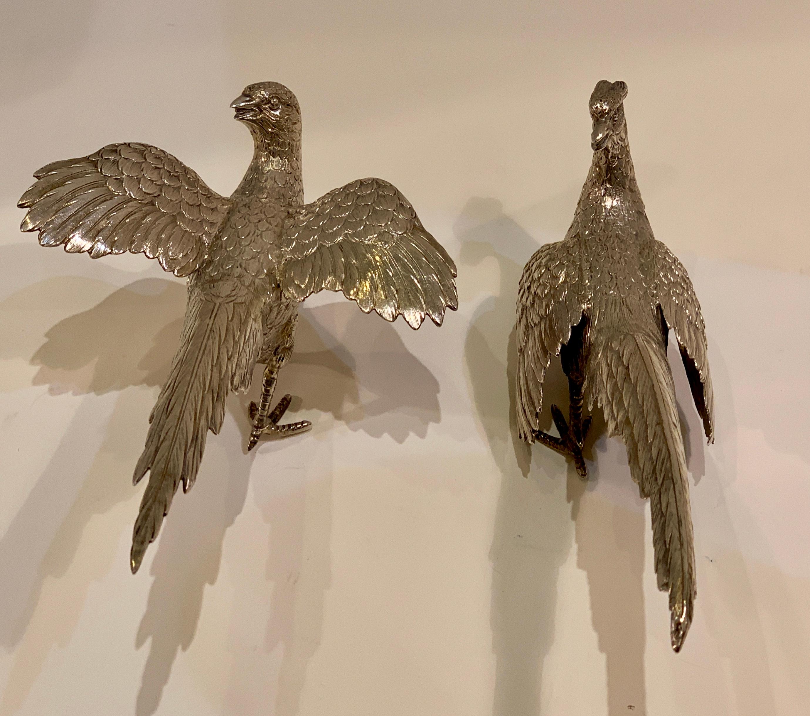 Other Delightful Pair of European Sterling Silver Pheasants Bird Sculptures