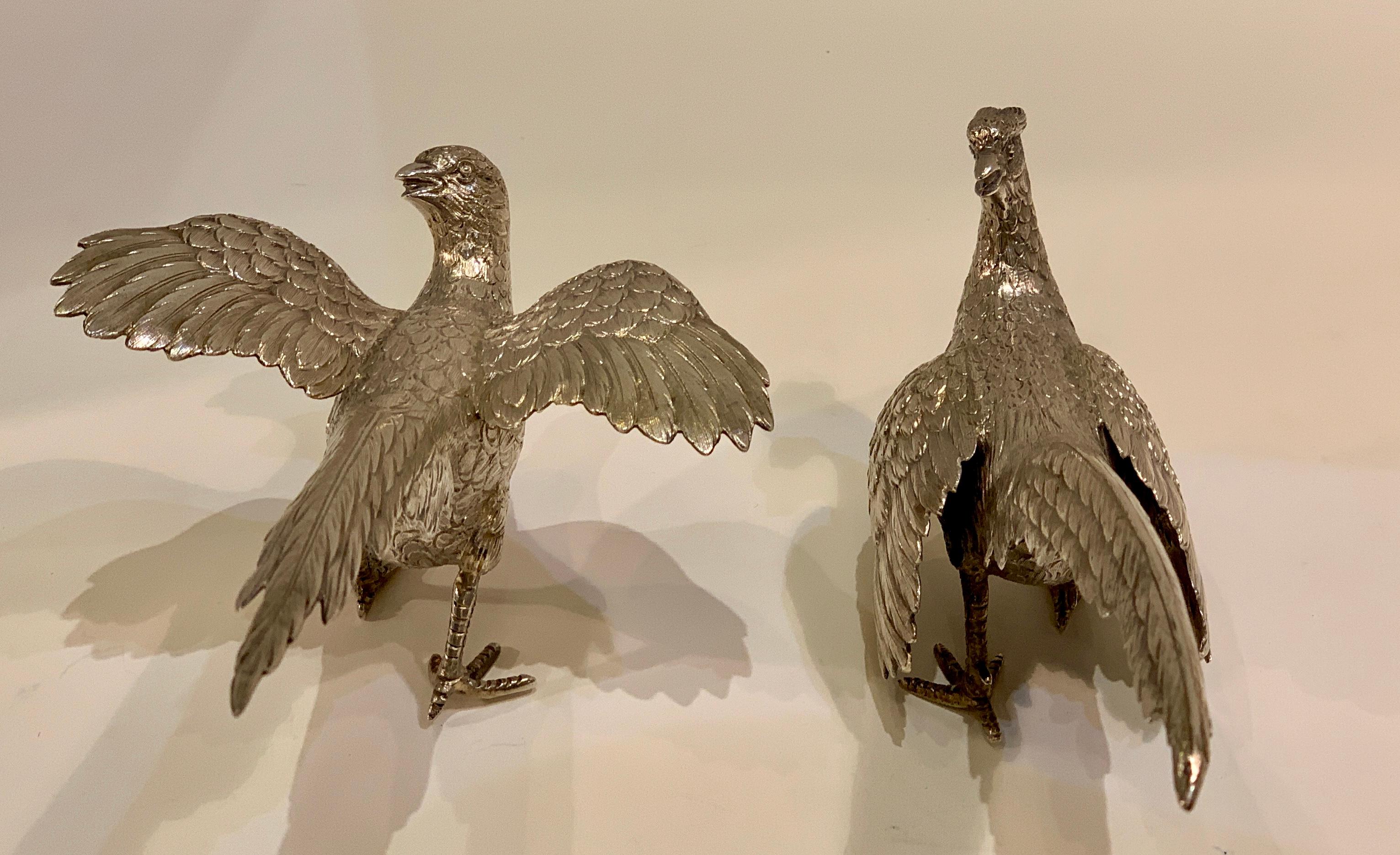 Spanish Delightful Pair of European Sterling Silver Pheasants Bird Sculptures