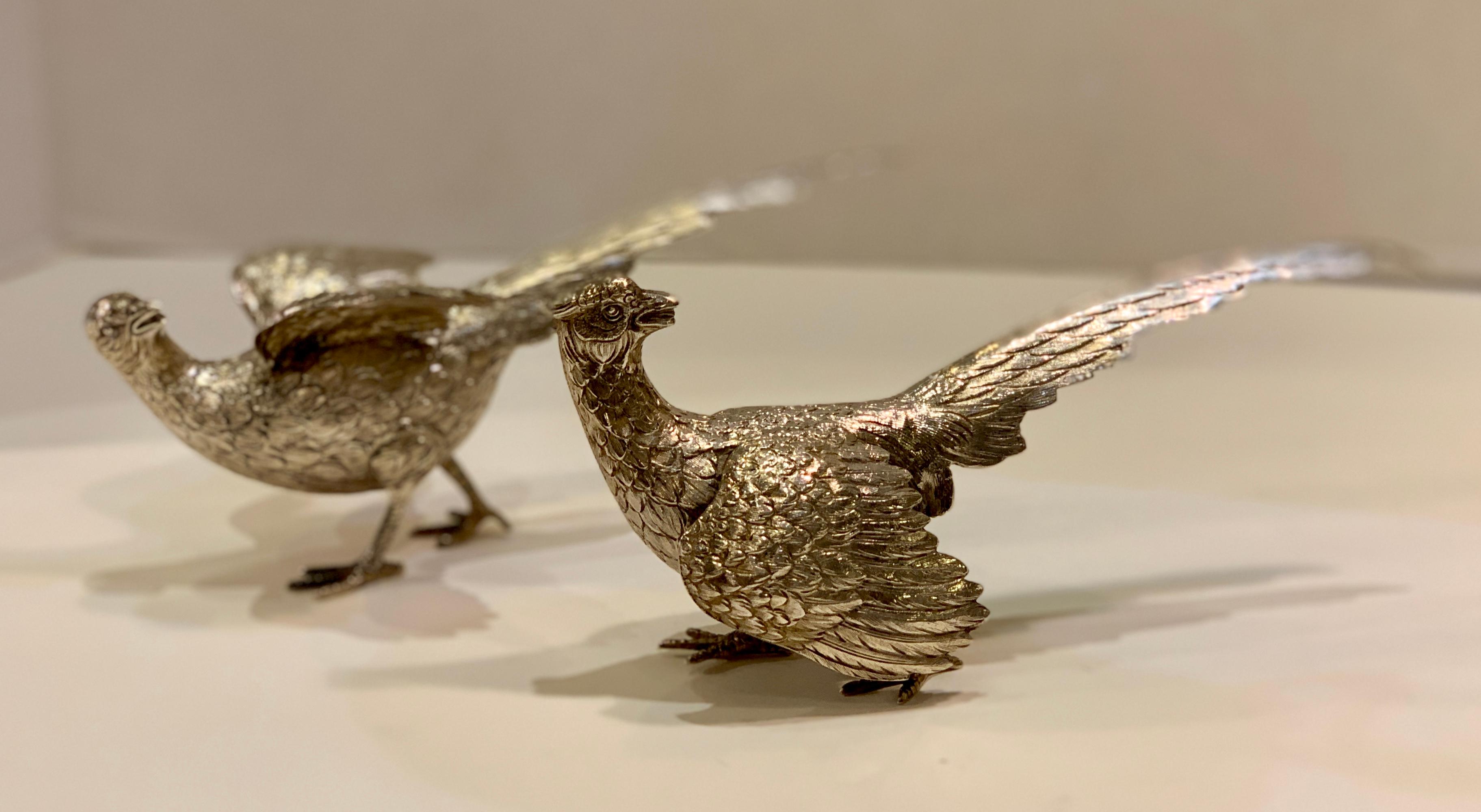 Hand-Crafted Delightful Pair of European Sterling Silver Pheasants Bird Sculptures