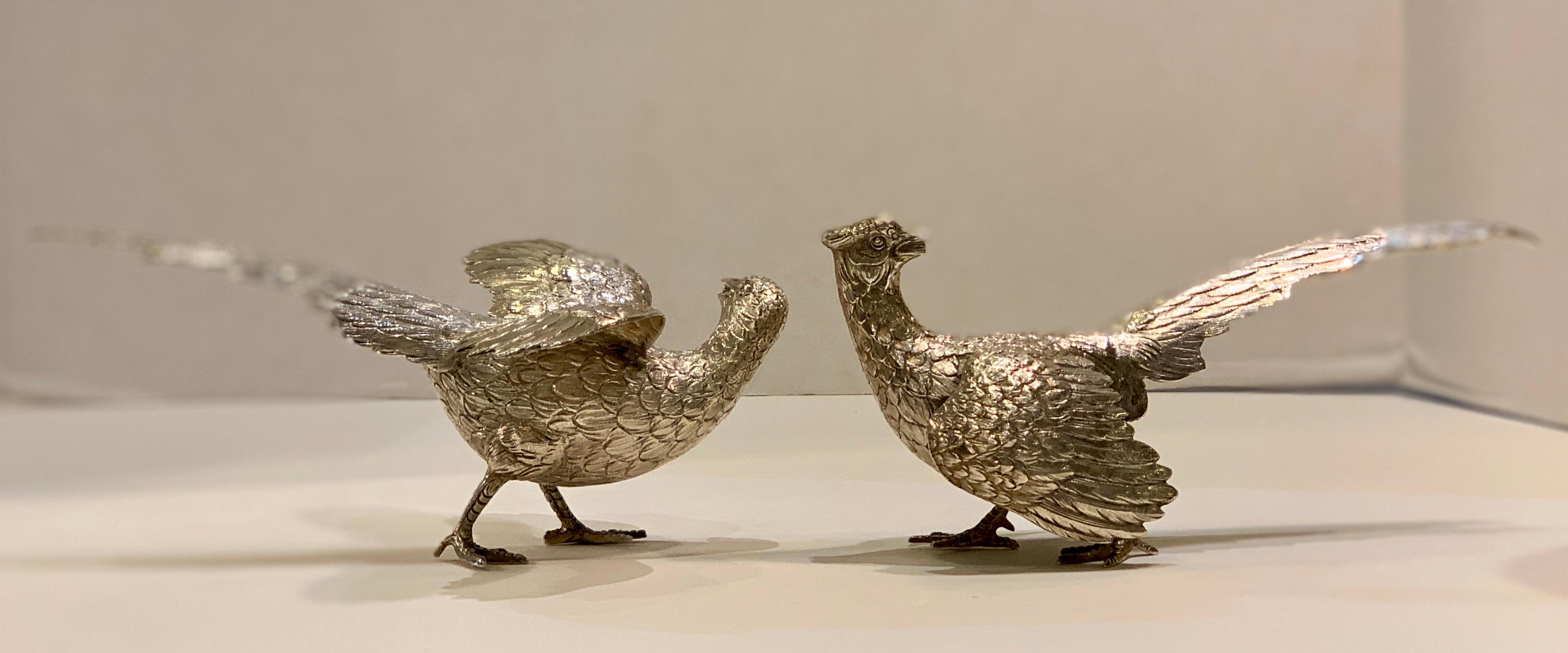 Delightful Pair of European Sterling Silver Pheasants Bird Sculptures In Good Condition In Tustin, CA