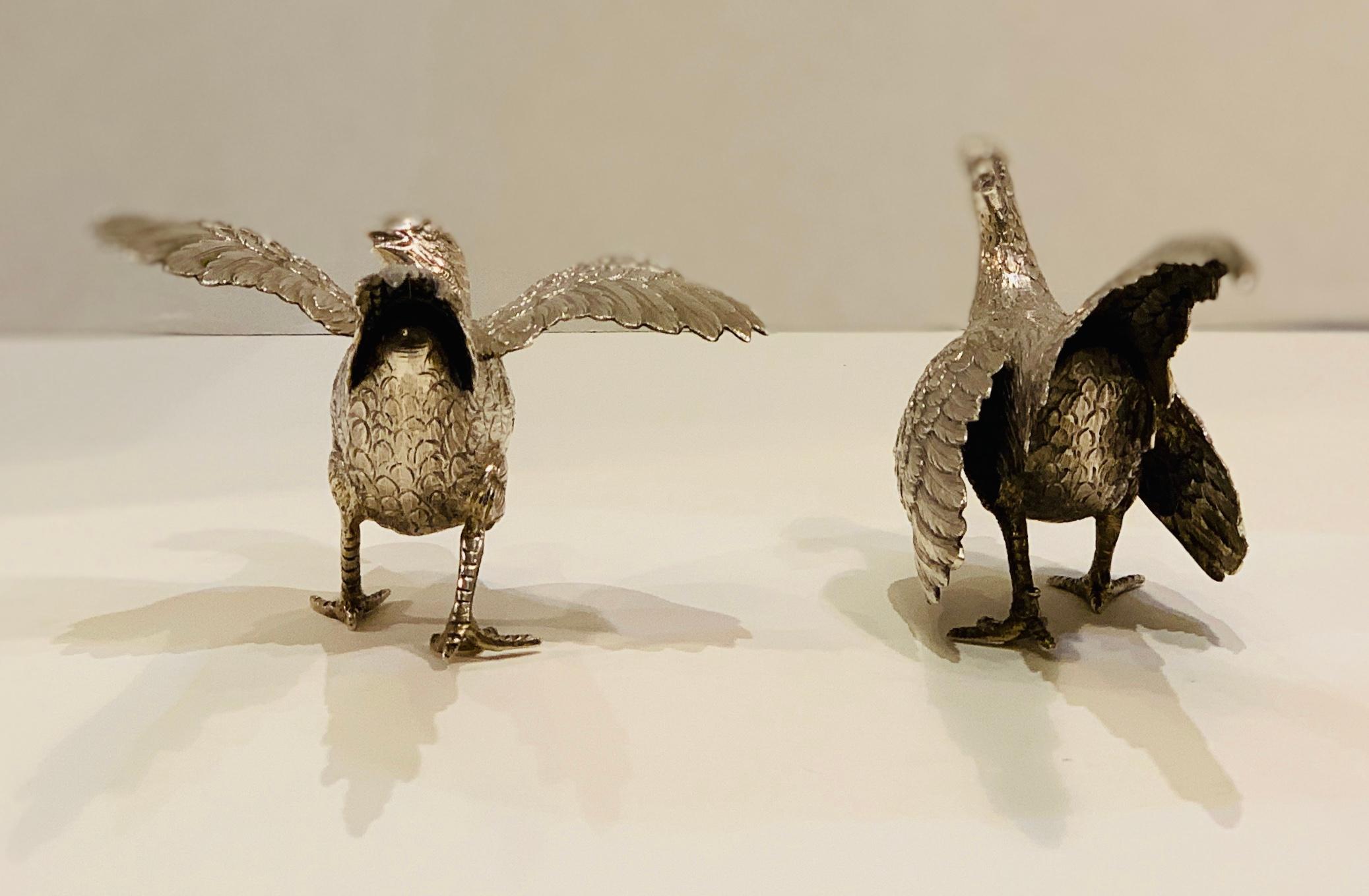 20th Century Delightful Pair of European Sterling Silver Pheasants Bird Sculptures
