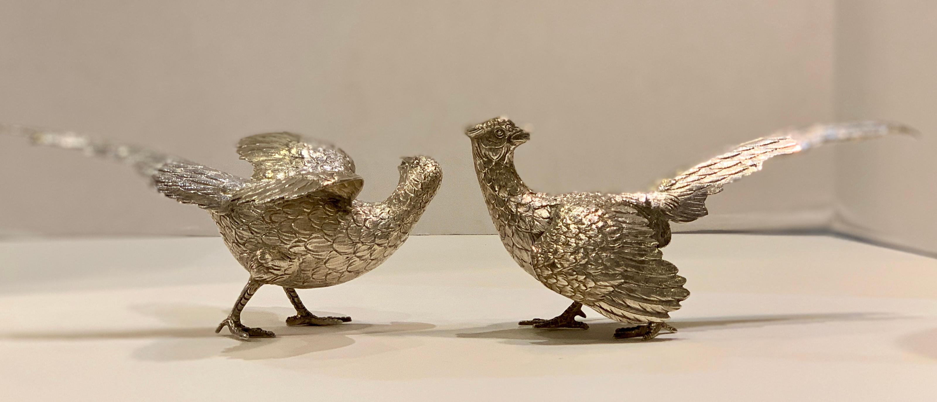 Delightful Pair of European Sterling Silver Pheasants Bird Sculptures 1