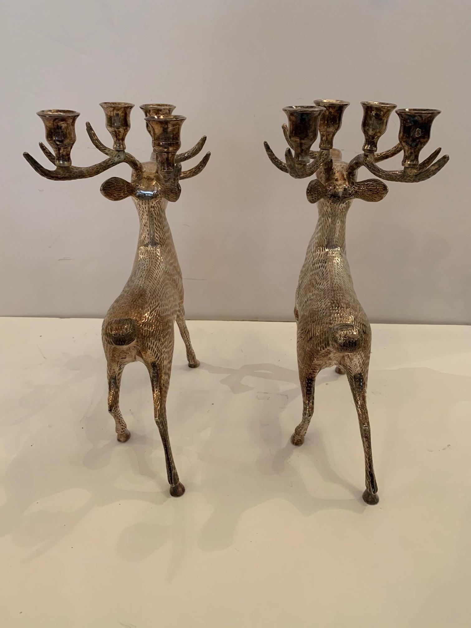 Delightful Pair of Silver Plated Brass Stag Deer Candleholders 1