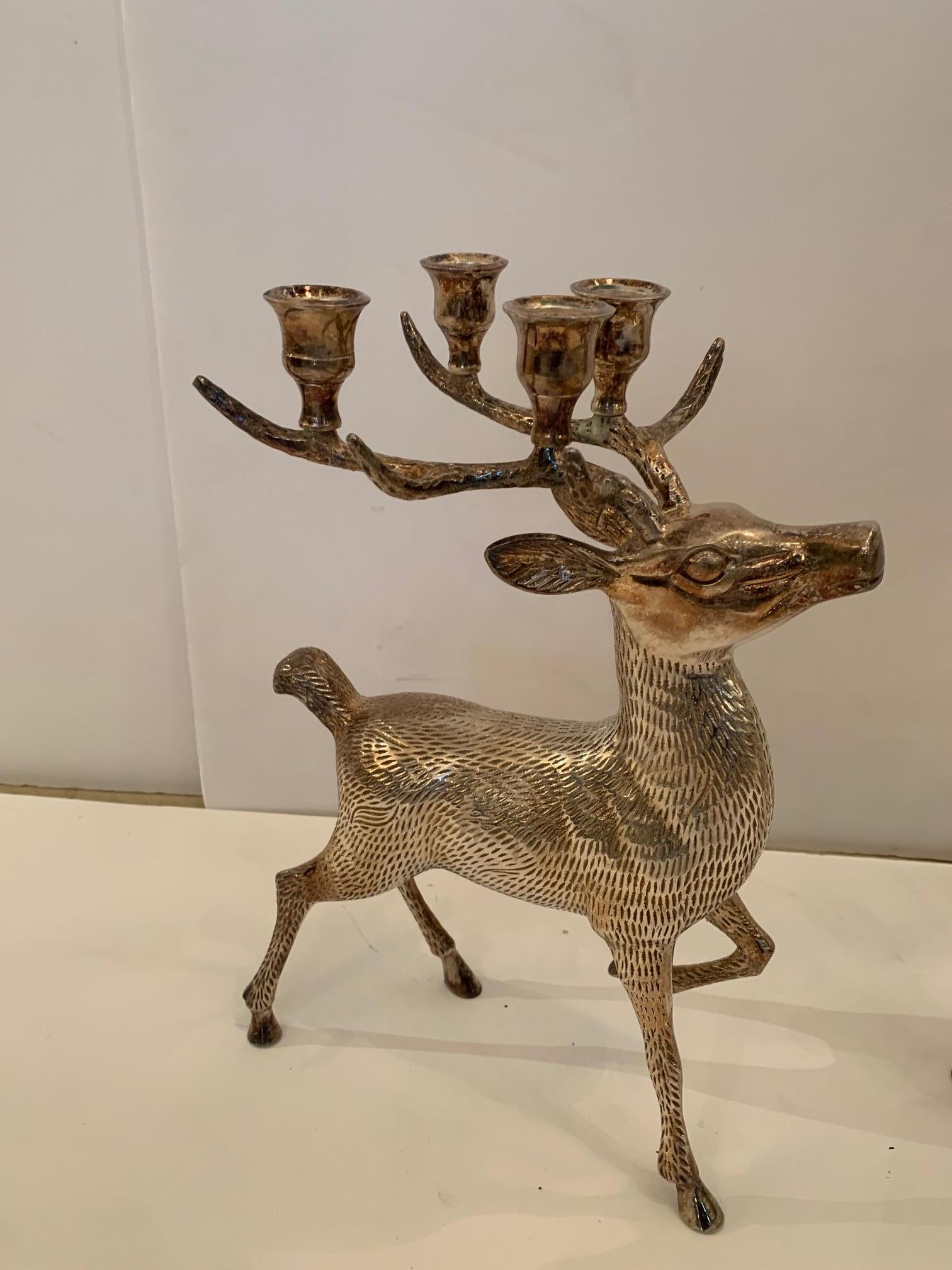 American Delightful Pair of Silver Plated Brass Stag Deer Candleholders