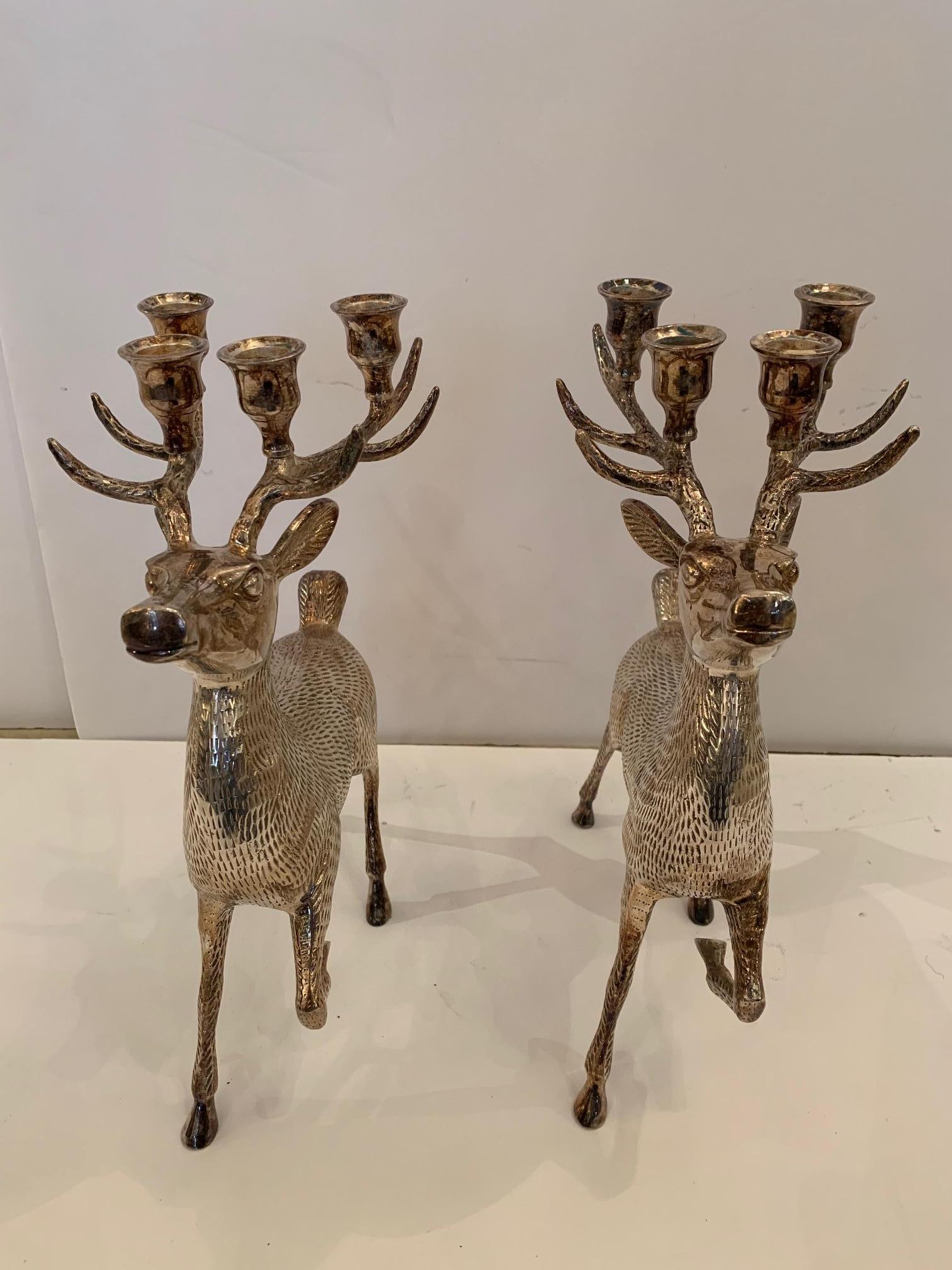 Silvered Delightful Pair of Silver Plated Brass Stag Deer Candleholders
