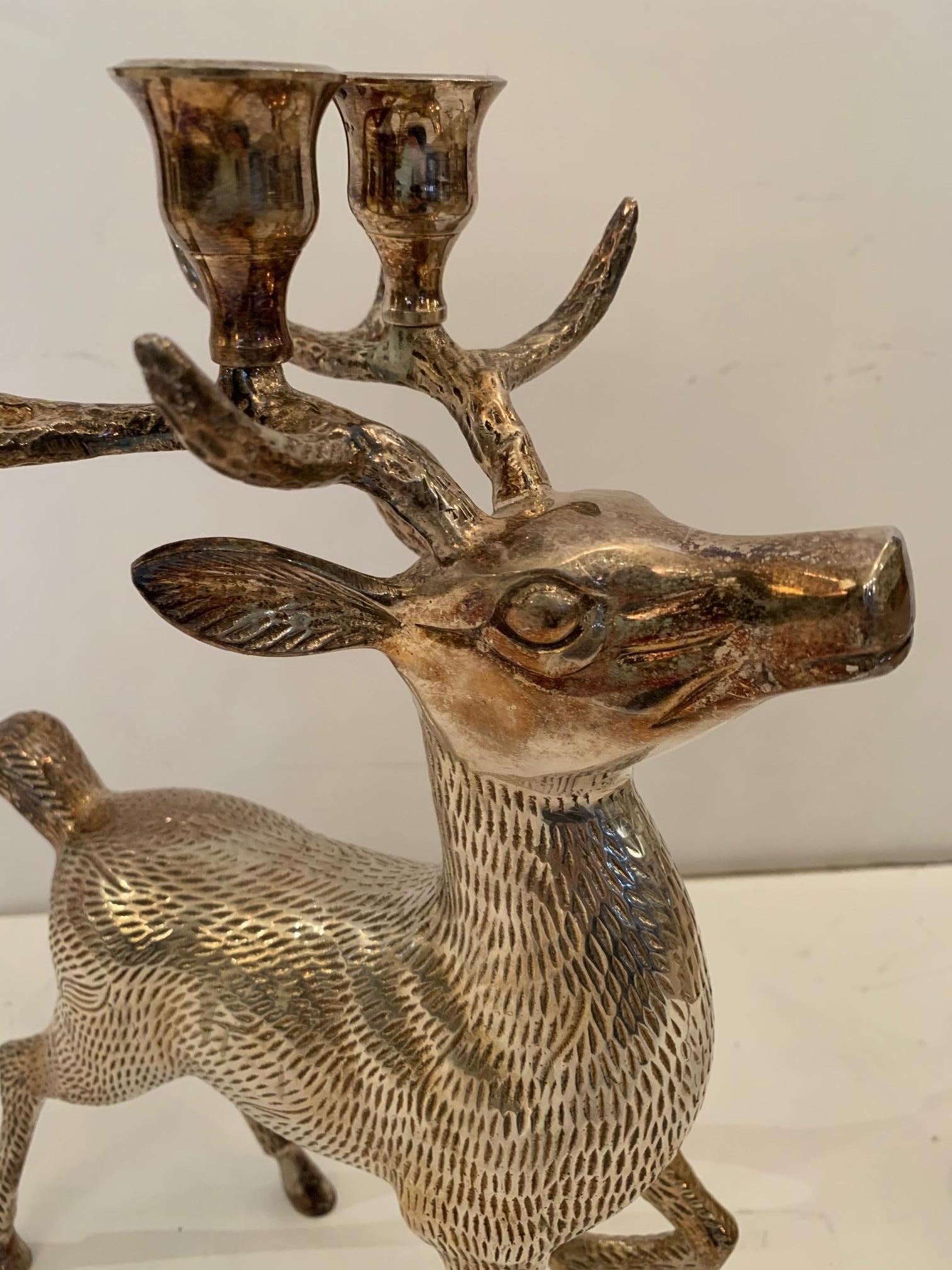 Delightful Pair of Silver Plated Brass Stag Deer Candleholders In Excellent Condition In Hopewell, NJ