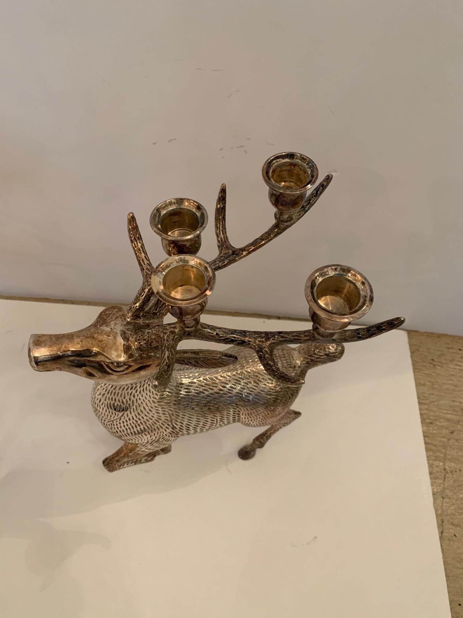 Late 20th Century Delightful Pair of Silver Plated Brass Stag Deer Candleholders
