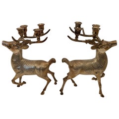 Delightful Pair of Silver Plated Brass Stag Deer Candleholders