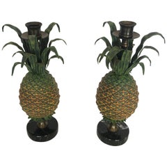 Delightful Pair of Tole and Brass Pineapple Candlesticks