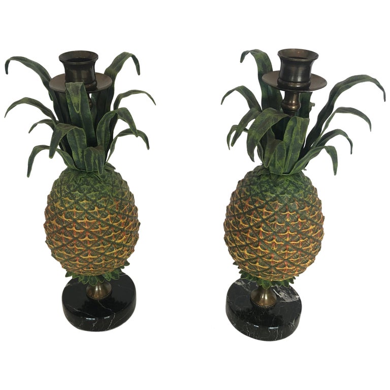 Delightful Pair of Tole and Brass Pineapple Candlesticks For Sale at