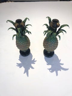 Delightful Pair of Tole and Brass Pineapple Candlesticks