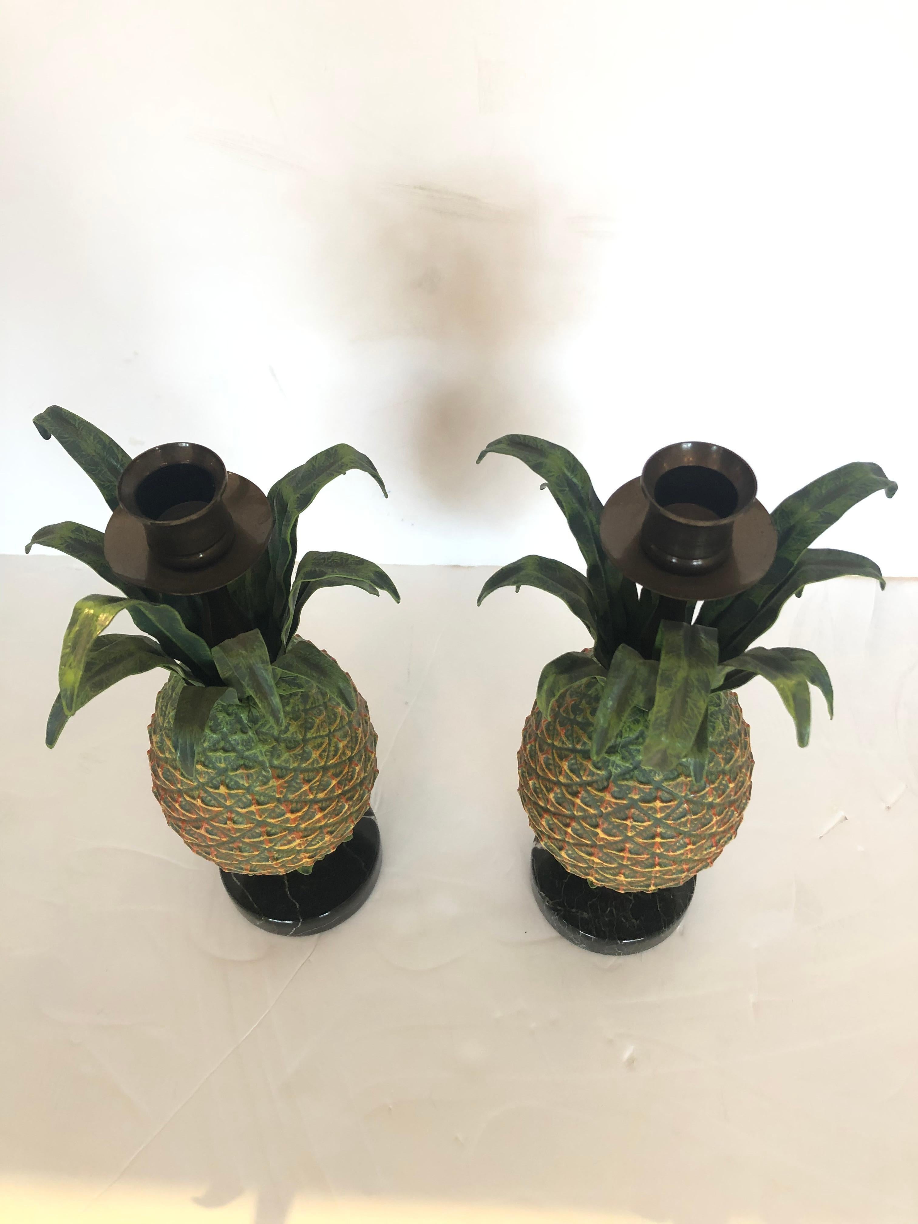 Neoclassical Delightful Pair of Tole and Brass Pineapple Candlesticks For Sale