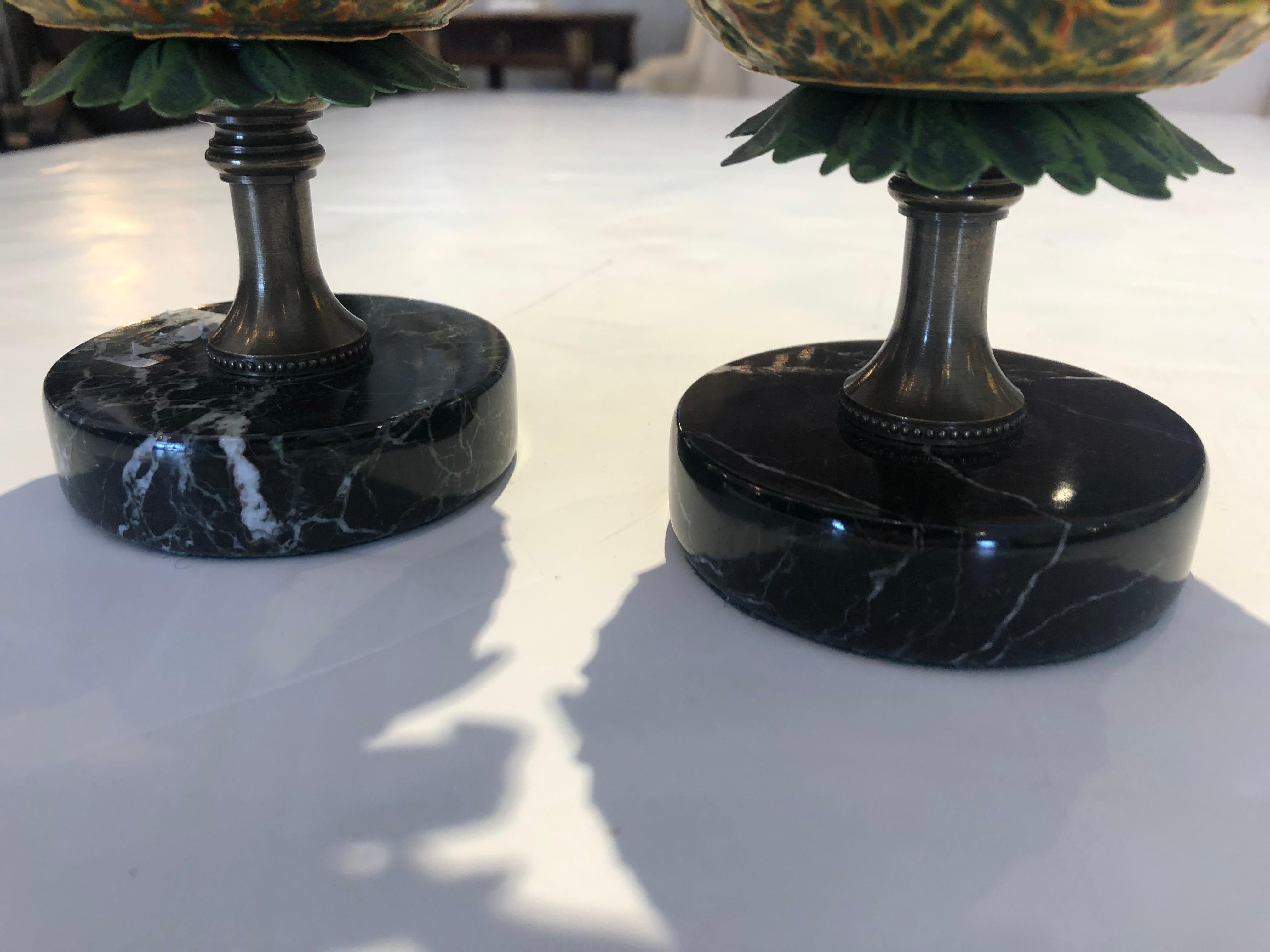 Painted Delightful Pair of Tole and Brass Pineapple Candlesticks For Sale
