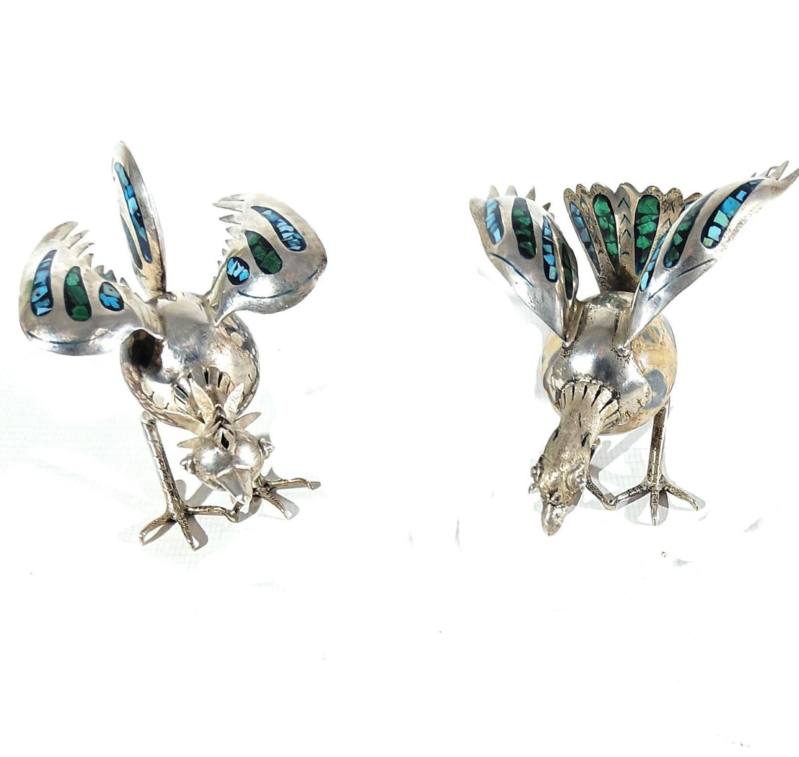 Messicano Deliziosa coppia di sculture decorative d'argento messicane d'epoca Taxco con uccelli in vendita