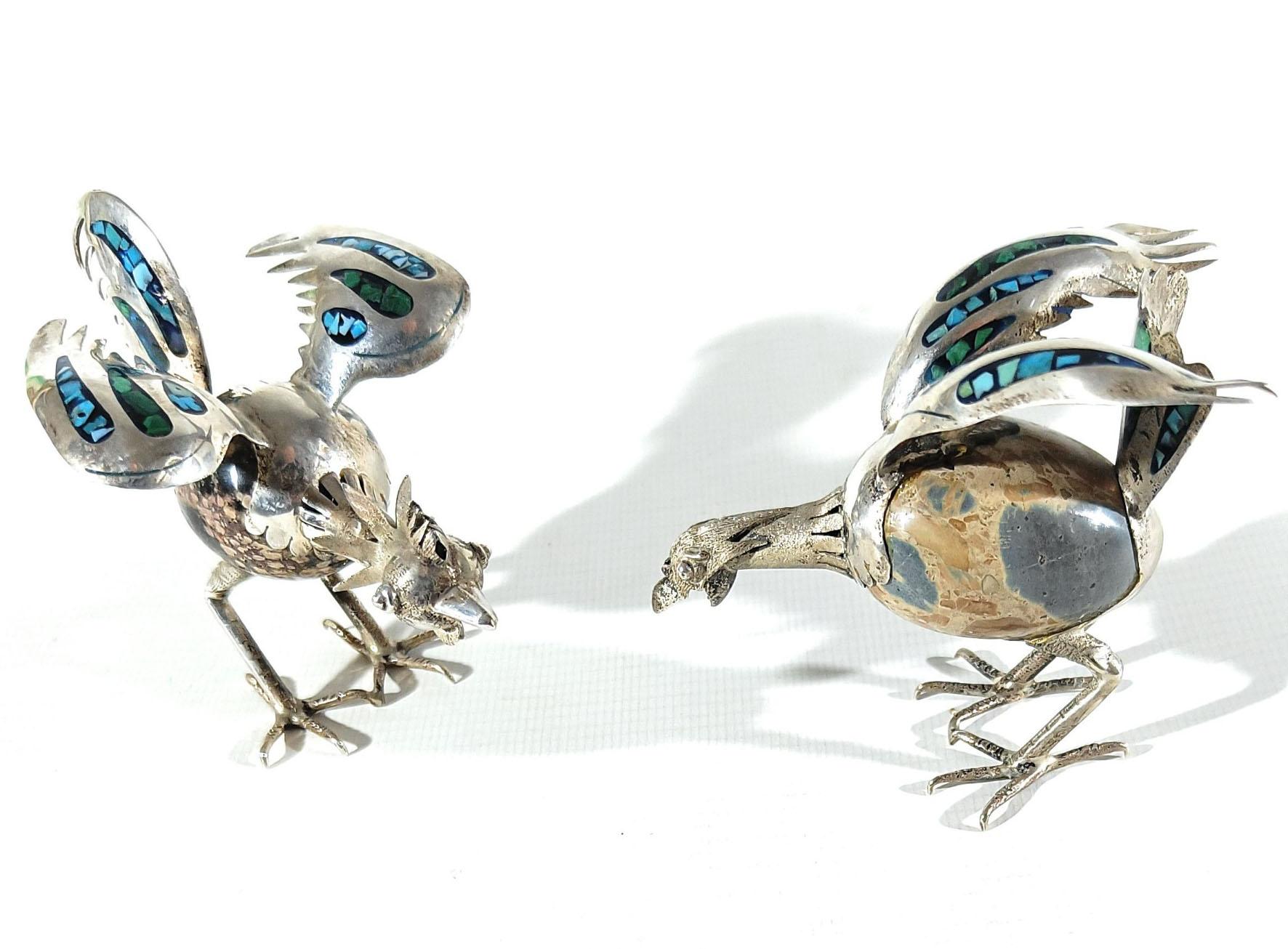 Fatto a mano Deliziosa coppia di sculture decorative d'argento messicane d'epoca Taxco con uccelli in vendita