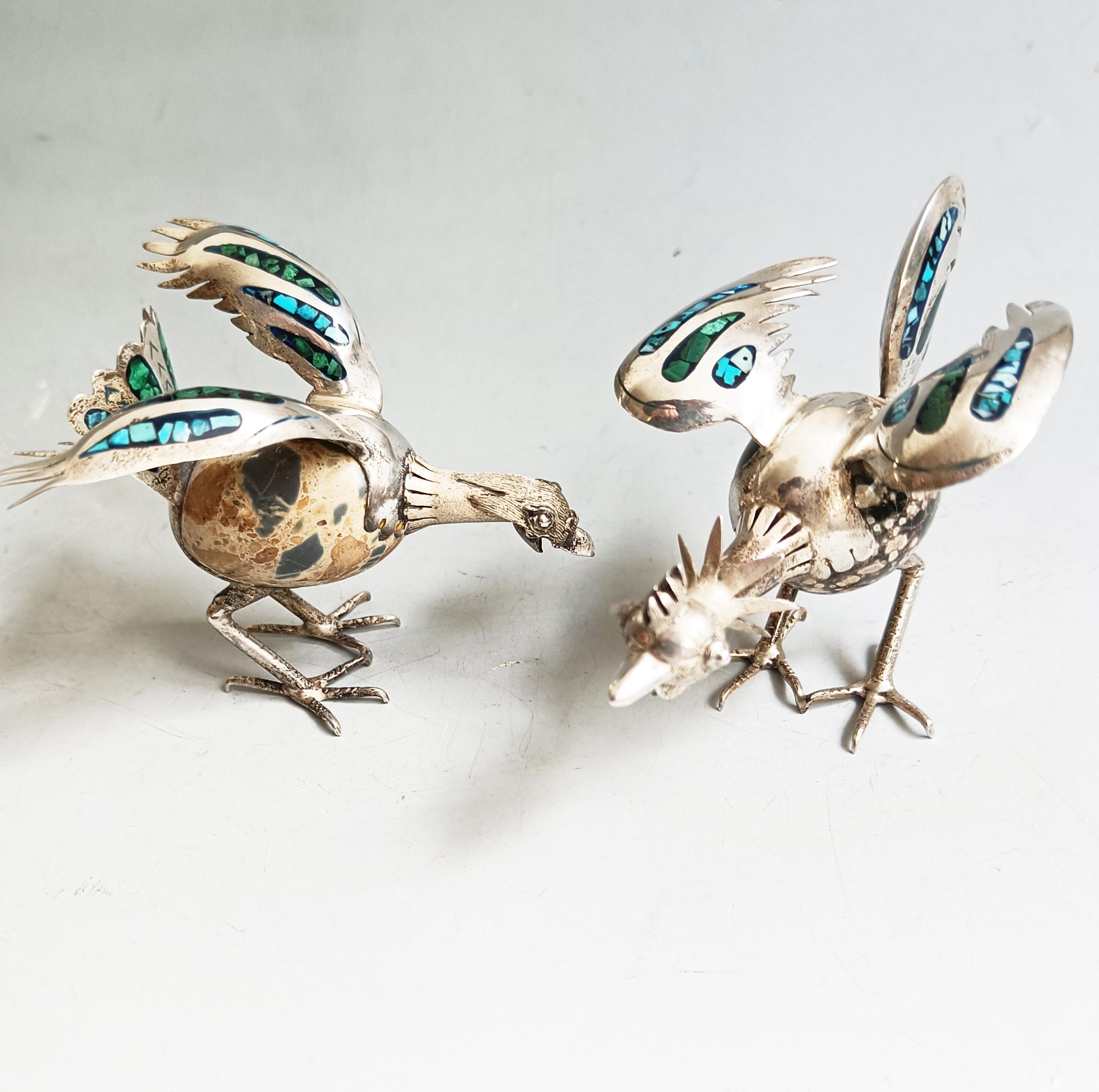 Deliziosa coppia di sculture decorative d'argento messicane d'epoca Taxco con uccelli In condizioni buone in vendita a London, GB