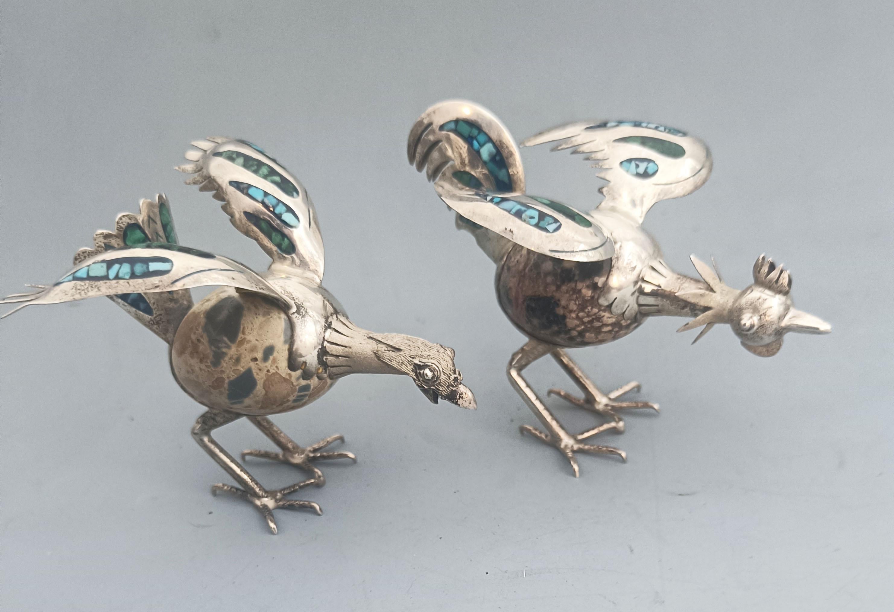 Metà XX secolo Deliziosa coppia di sculture decorative d'argento messicane d'epoca Taxco con uccelli in vendita