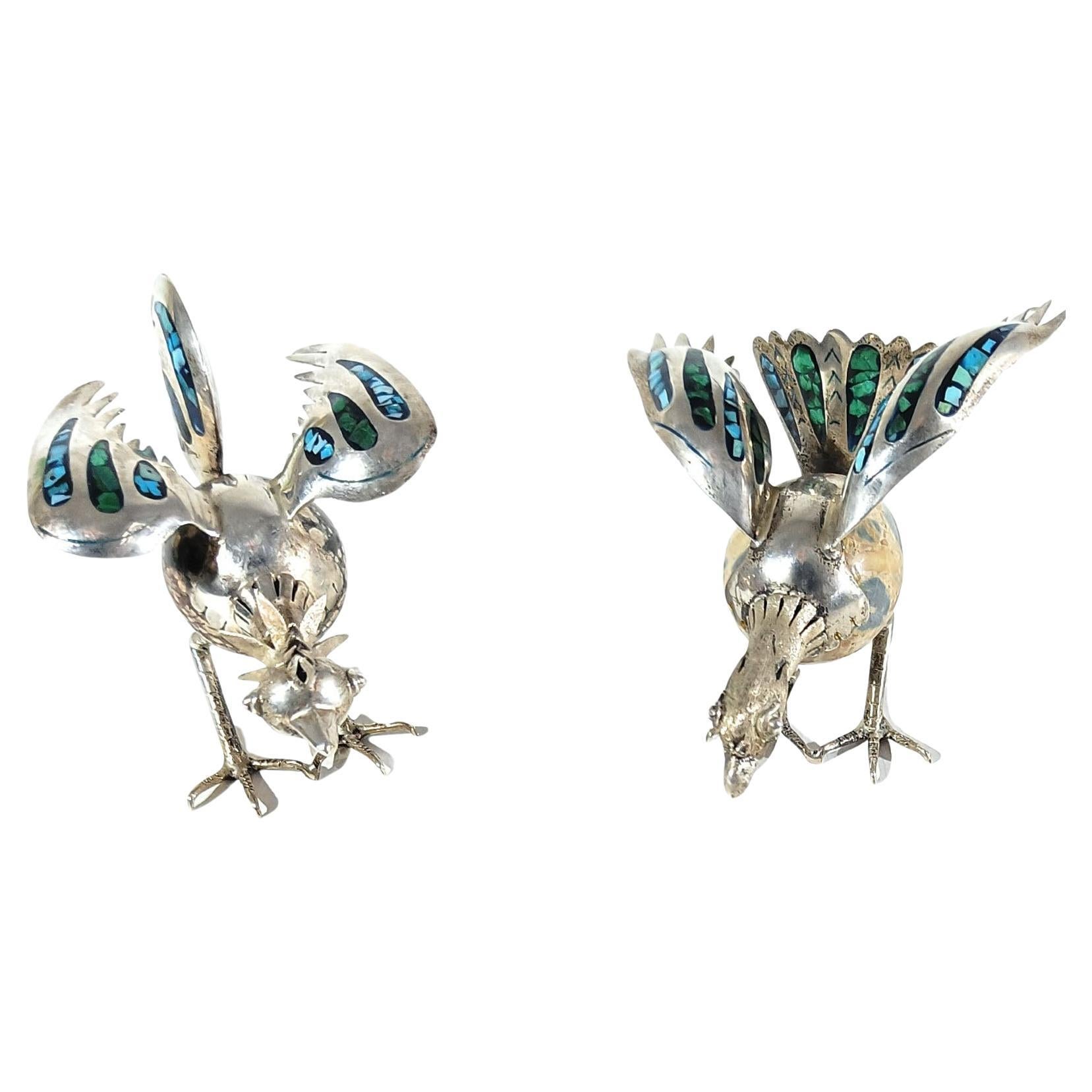 Deliziosa coppia di sculture decorative d
argento messicane d
epoca Taxco con uccelli