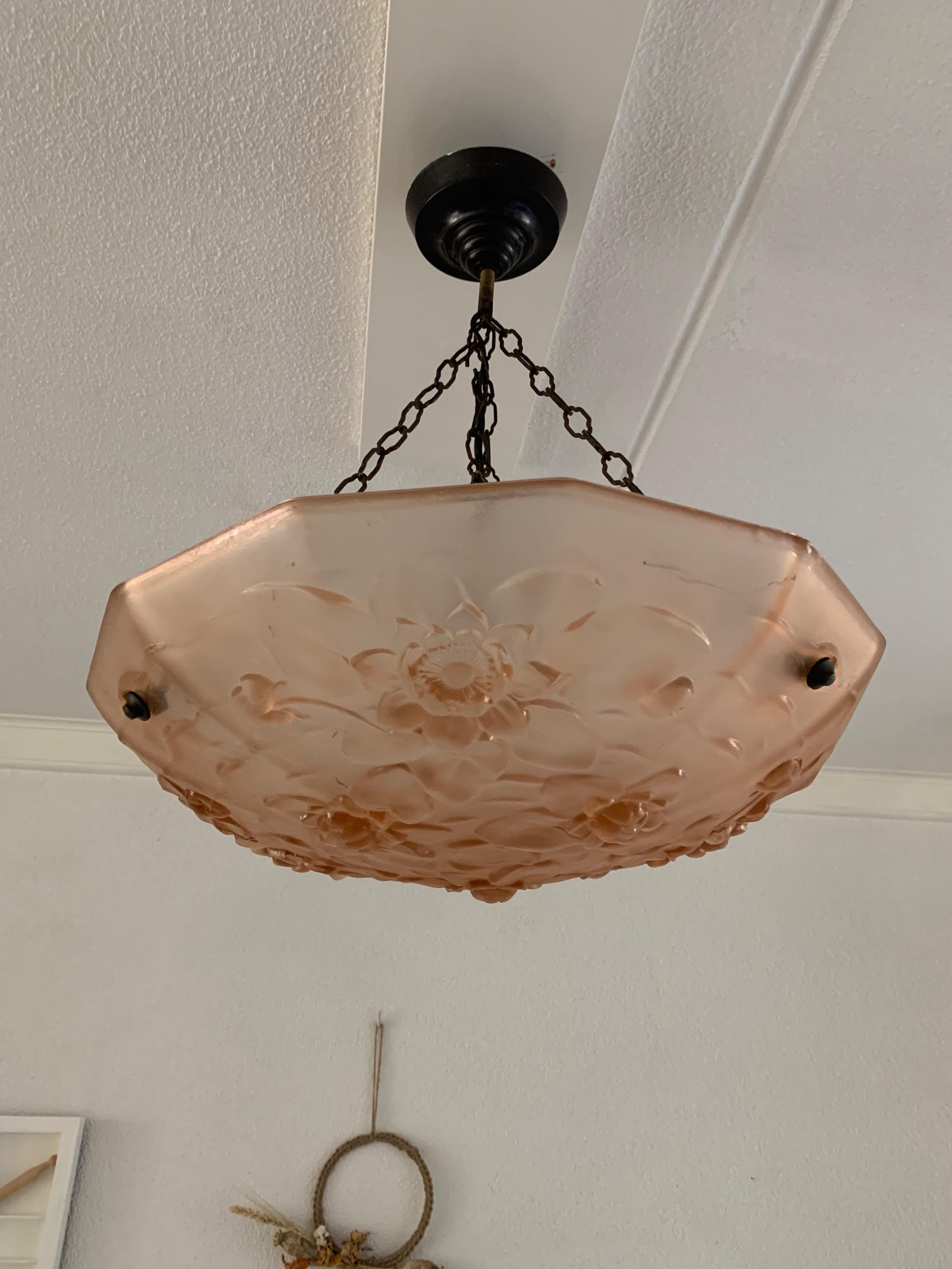 Delightful, Peach Color Art Deco Pendant / Flush Mount, Relief in Frosted Glass For Sale 3
