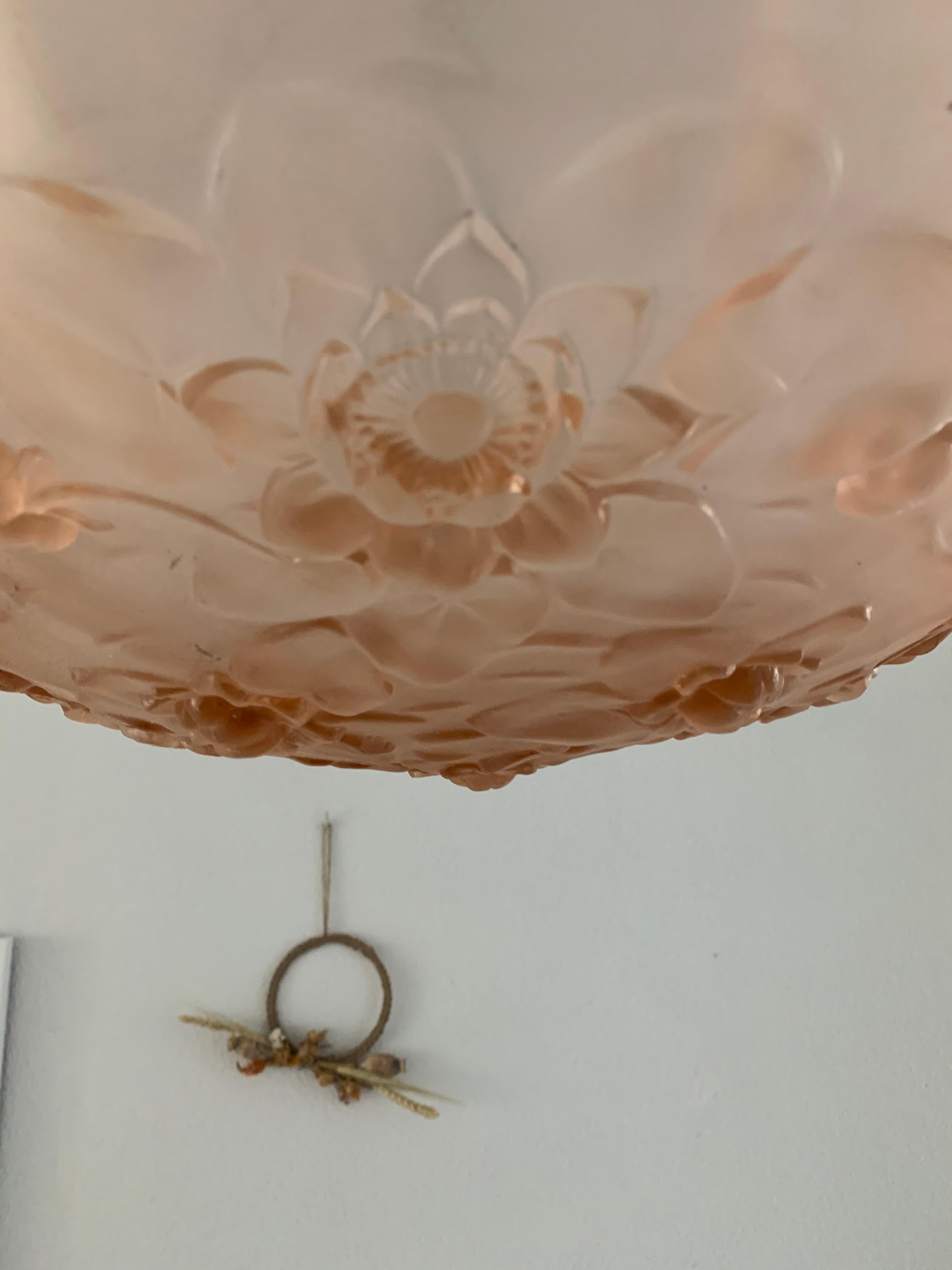 Delightful, Peach Color Art Deco Pendant / Flush Mount, Relief in Frosted Glass For Sale 4