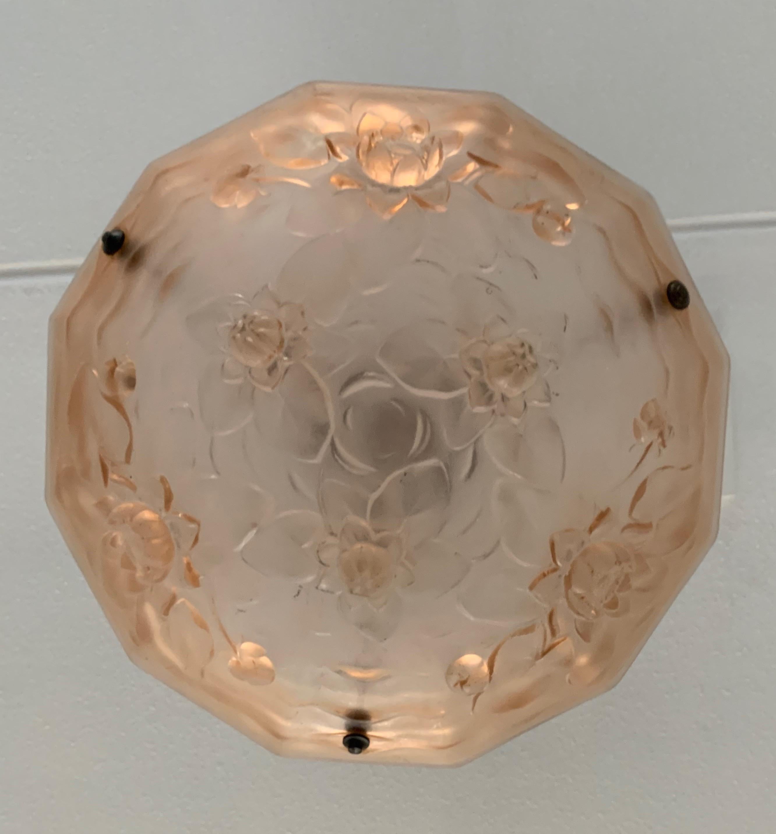 Hand-Crafted Delightful, Peach Color Art Deco Pendant / Flush Mount, Relief in Frosted Glass For Sale
