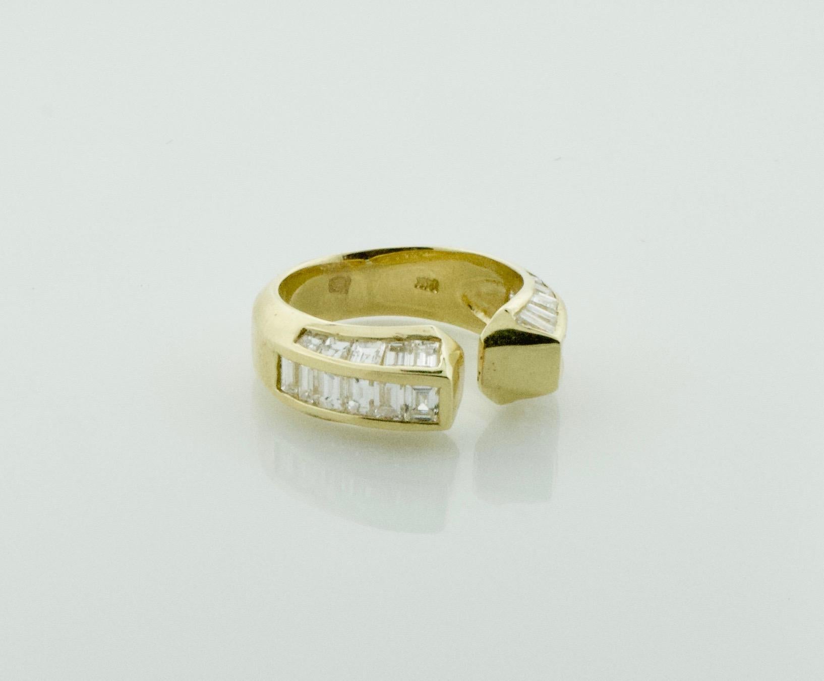 Delightful Petite Diamond Ring in 14k Yellow Gold 1.15 Carats Total 
32 Baguette and Squrae Cut Diamonds Weighing 1.15 Carats Approximately GH VVS
Currently Size 5.5 Can Easily Sized By Us or Your Qualified Jeweler
7.4 mm in Width