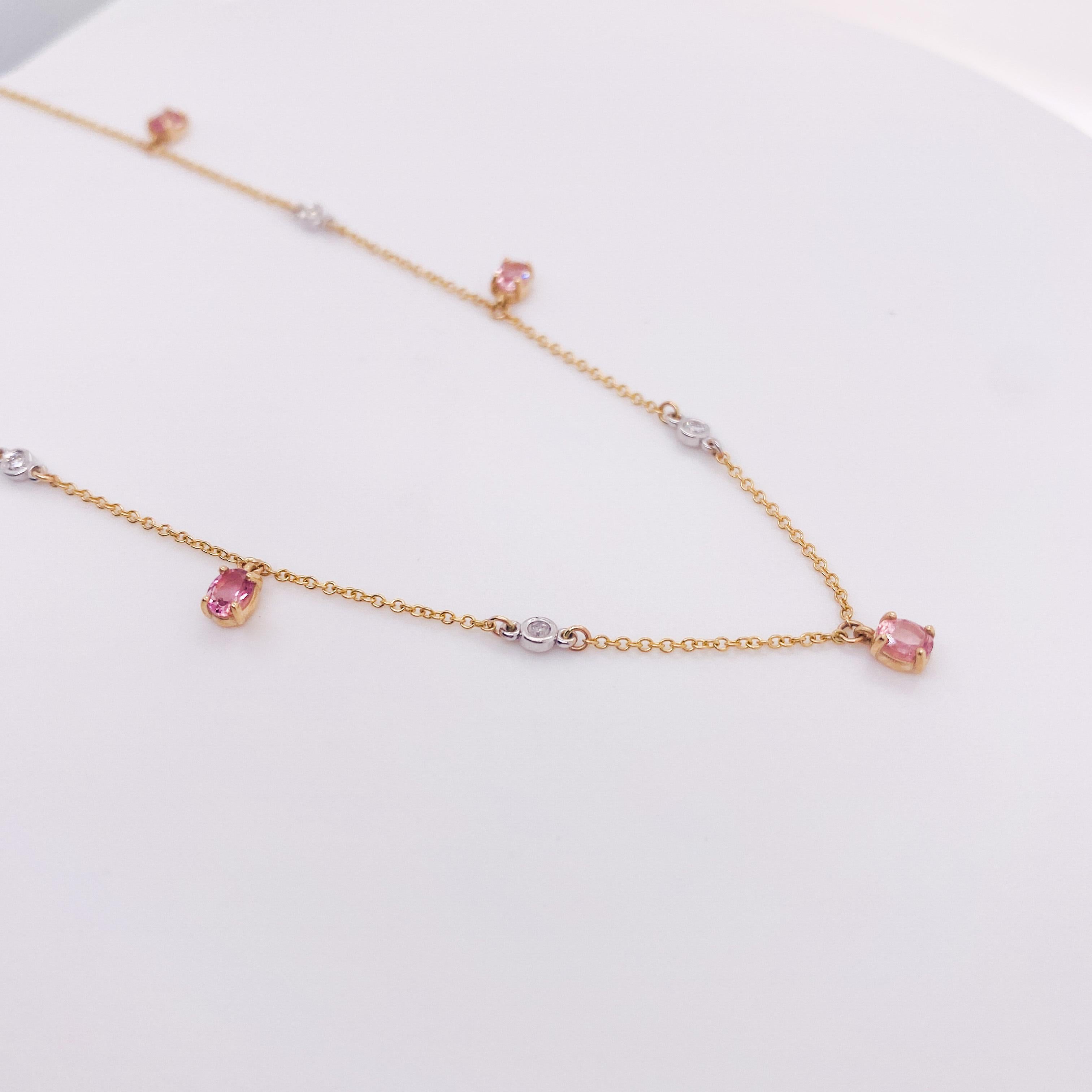 Contemporary Delightful Pink Tourmaline & Diamond Station Necklace 1.15 Carats in 14k Gold LV For Sale