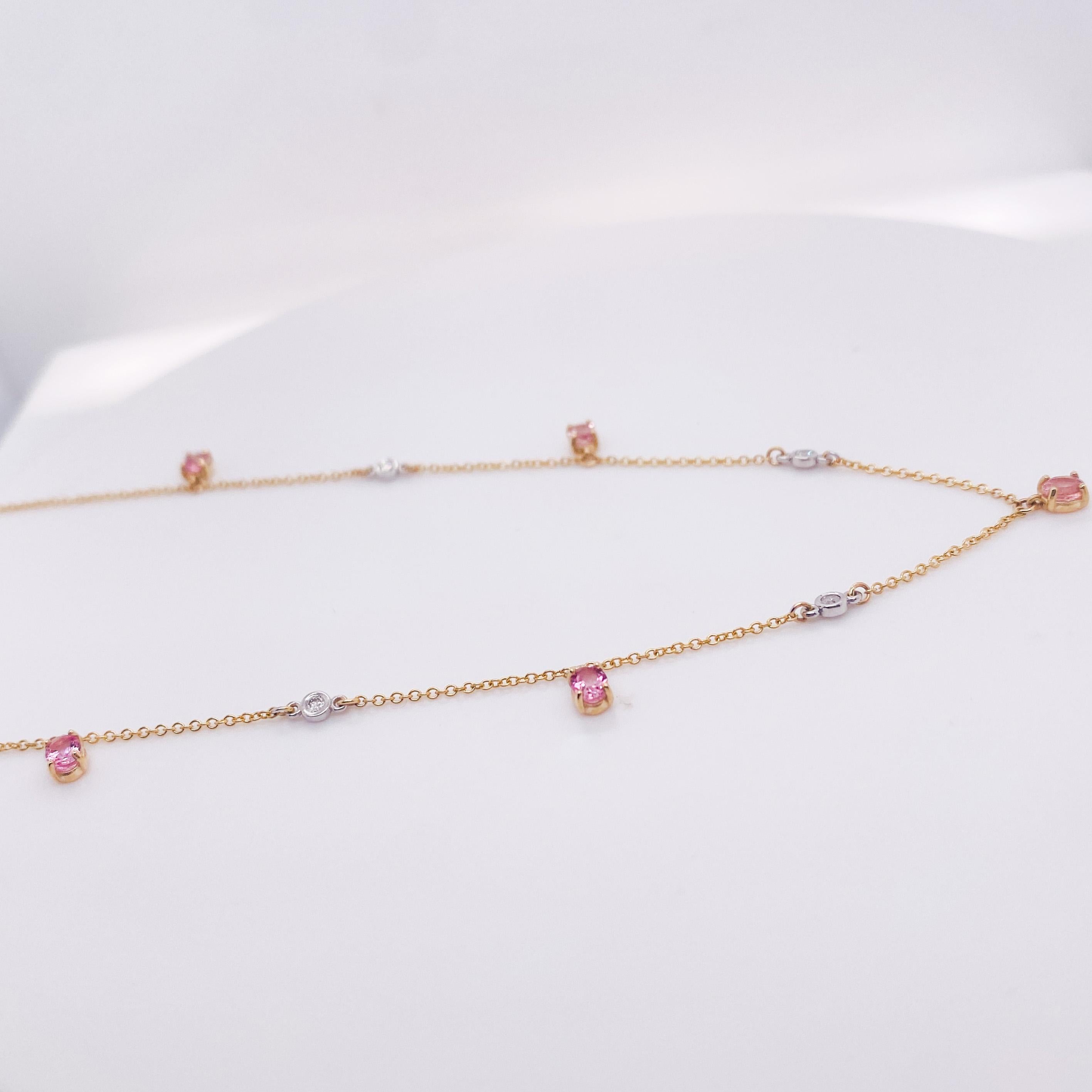 Oval Cut Delightful Pink Tourmaline & Diamond Station Necklace 1.15 Carats in 14k Gold LV For Sale