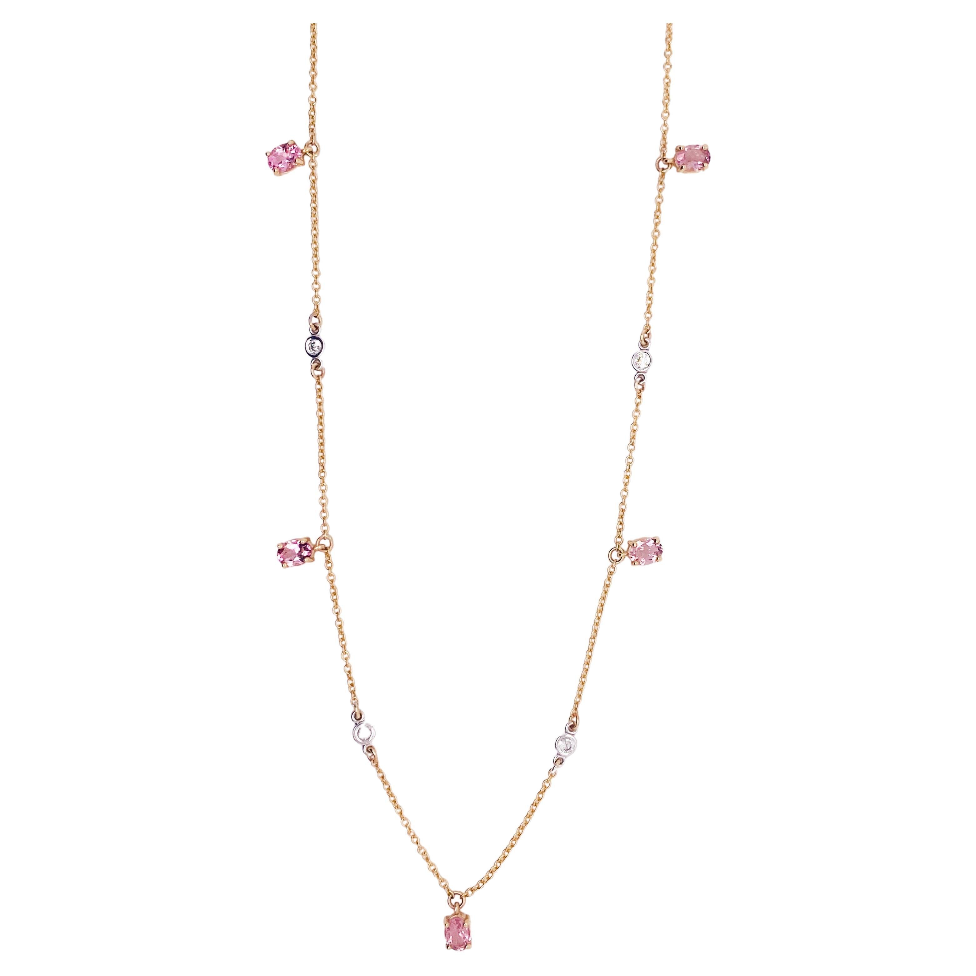 Delightful Pink Tourmaline & Diamond Station Necklace 1.15 Carats in 14k Gold LV For Sale