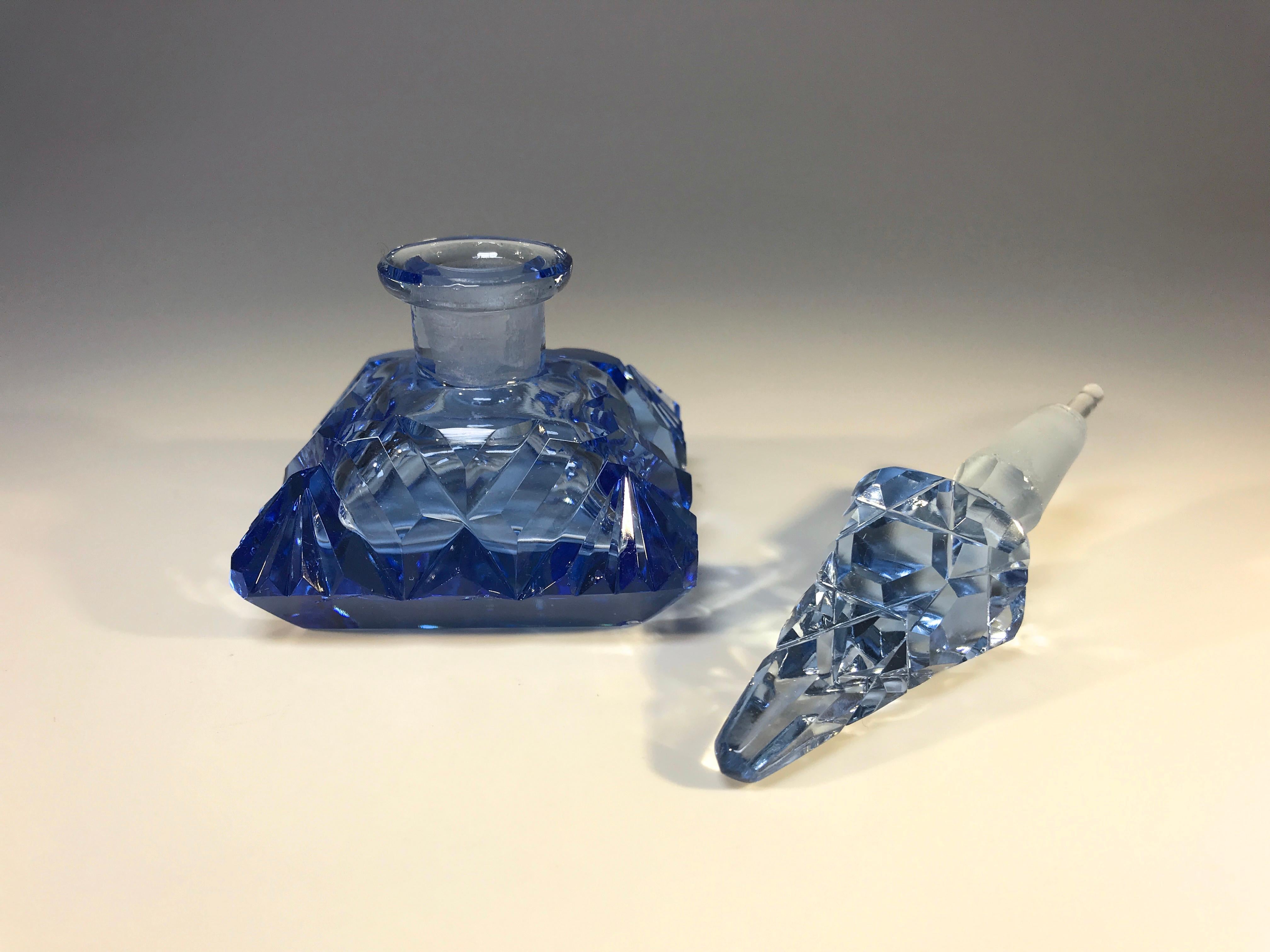 Polished Delightful Sapphire Blue Czech Crystal Cushion Shaped Perfume Bottle circa 1930s For Sale