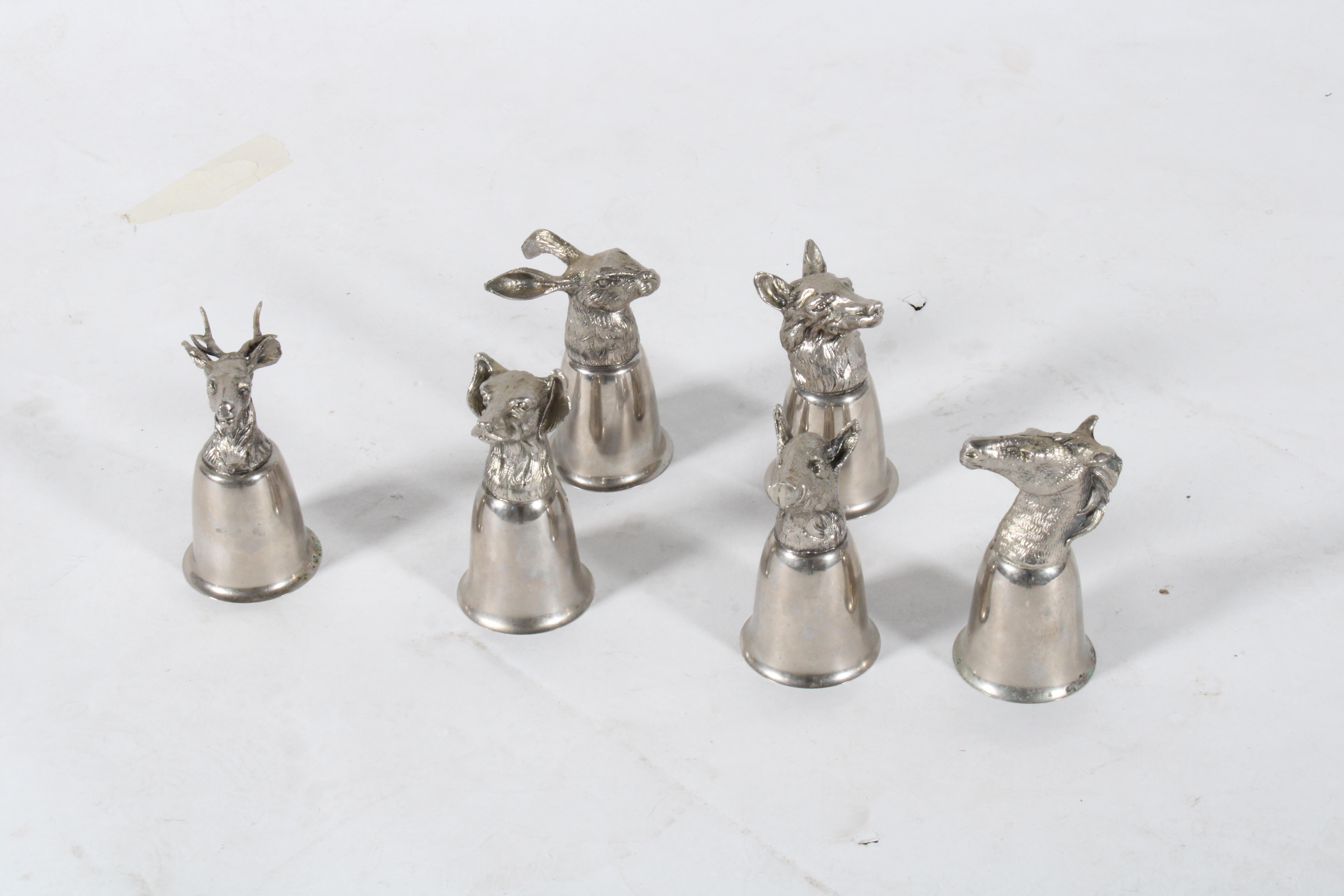 A wonderful decorative set of six stirrup cups or goblets by the world famous Gucci design house. Created circa 1970 this set depicts six different animals a deer, a boar, a horse, a dog, a fox and my personal favorite a rabbit. Fine details and