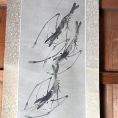 Delightful Shrimp and Crabs Japanese Antique Hand Painted Silk Scroll, Taisho