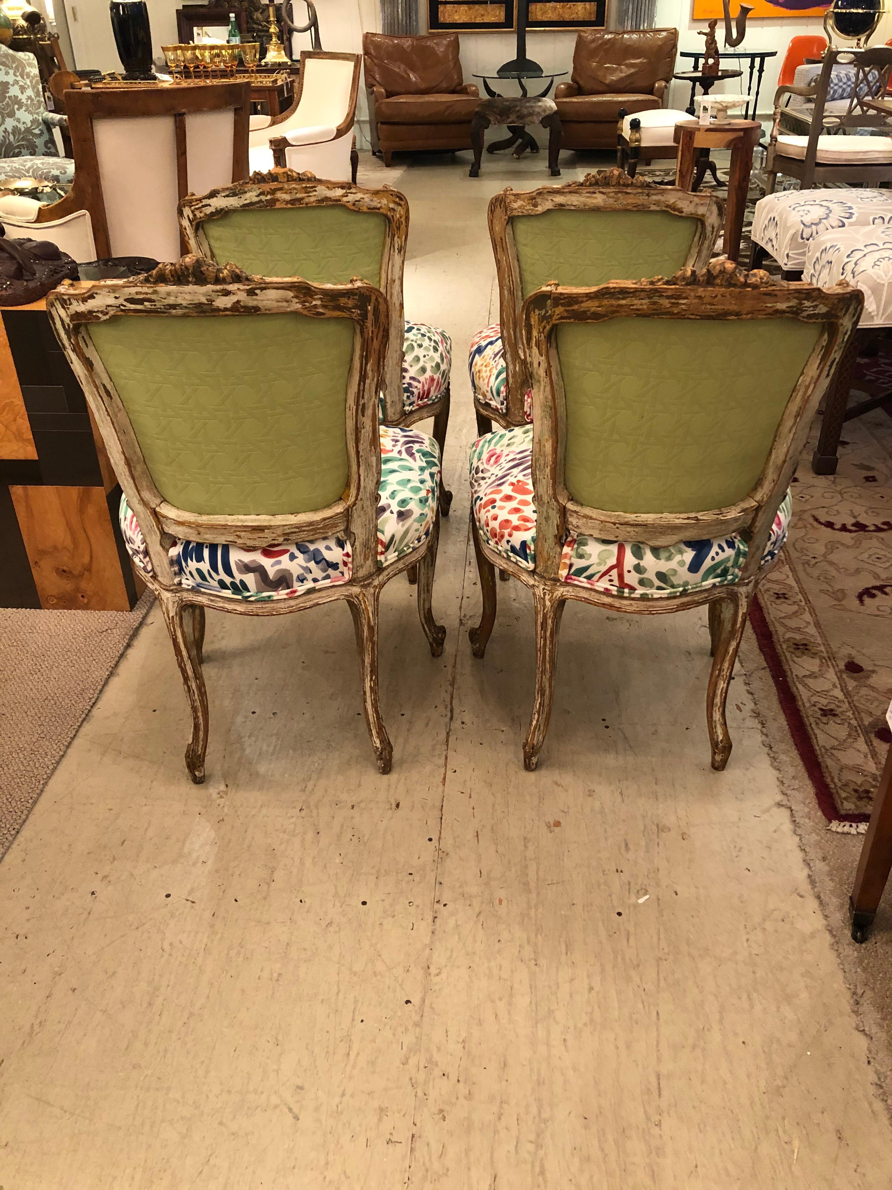 19th Century Delightful Updated Set of 4 Louis XVI French Painted Wood Dining Chairs