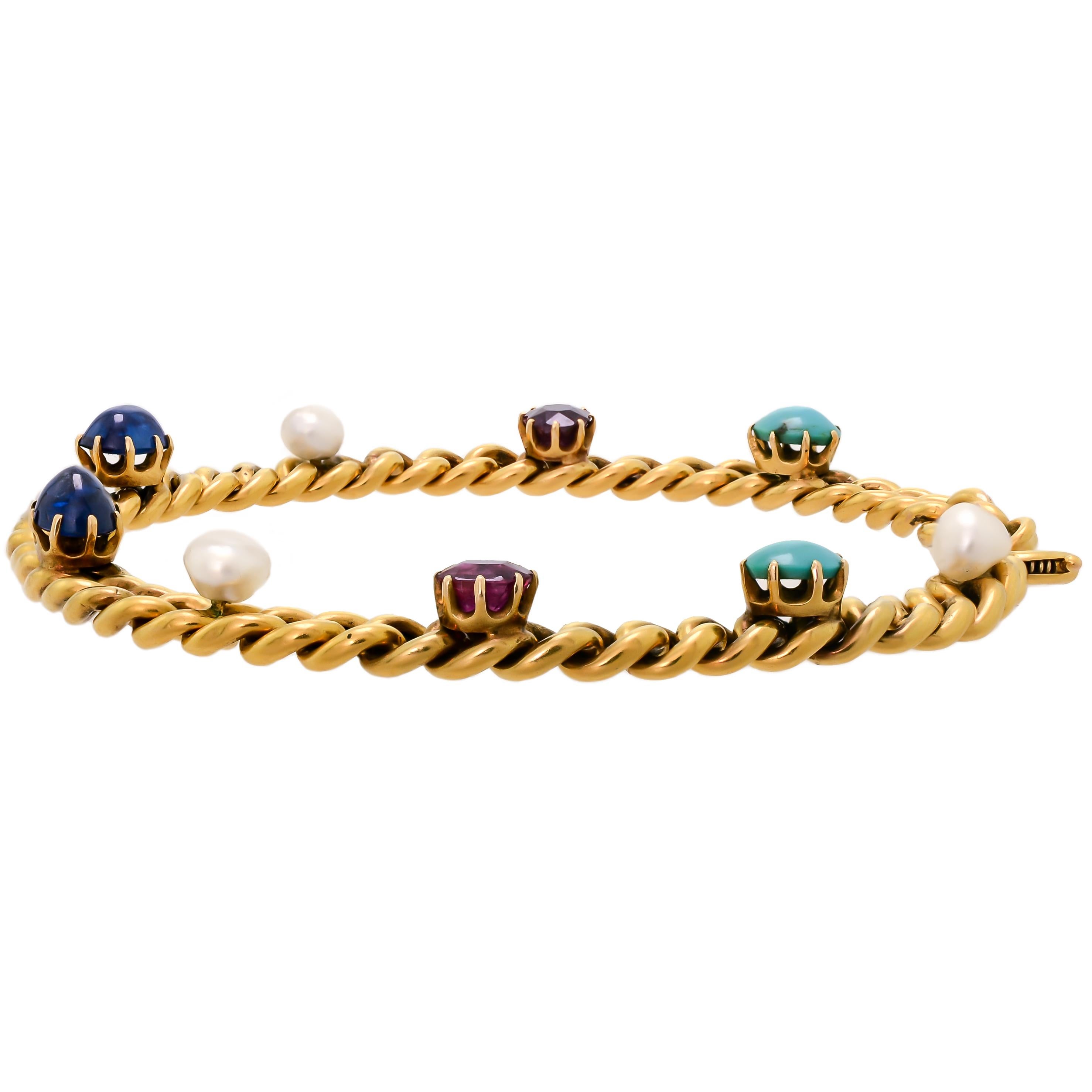 Delightful Victorian 18 Karat Yellow Gold Curb-Link, Gem-Set Bracelet In Good Condition For Sale In Lombard, IL