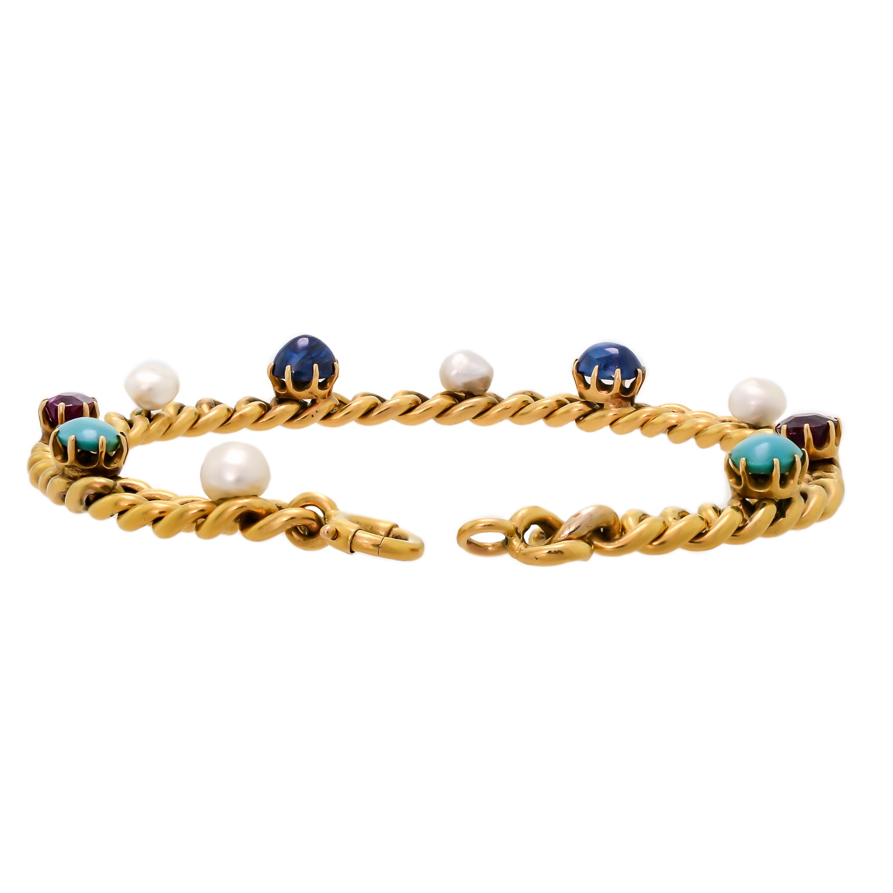 Women's Delightful Victorian 18 Karat Yellow Gold Curb-Link, Gem-Set Bracelet For Sale