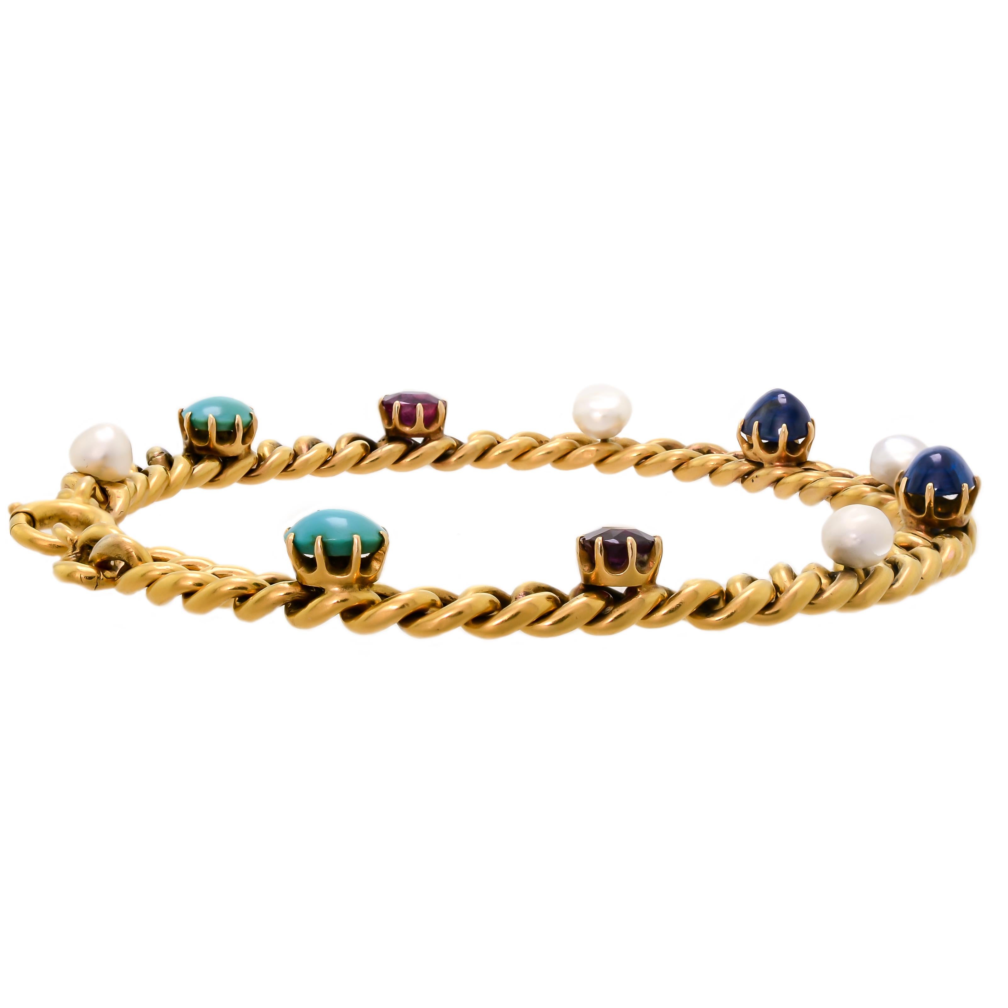 Delightful Victorian 18 Karat Yellow Gold Curb-Link, Gem-Set Bracelet In Good Condition In Wheaton, IL