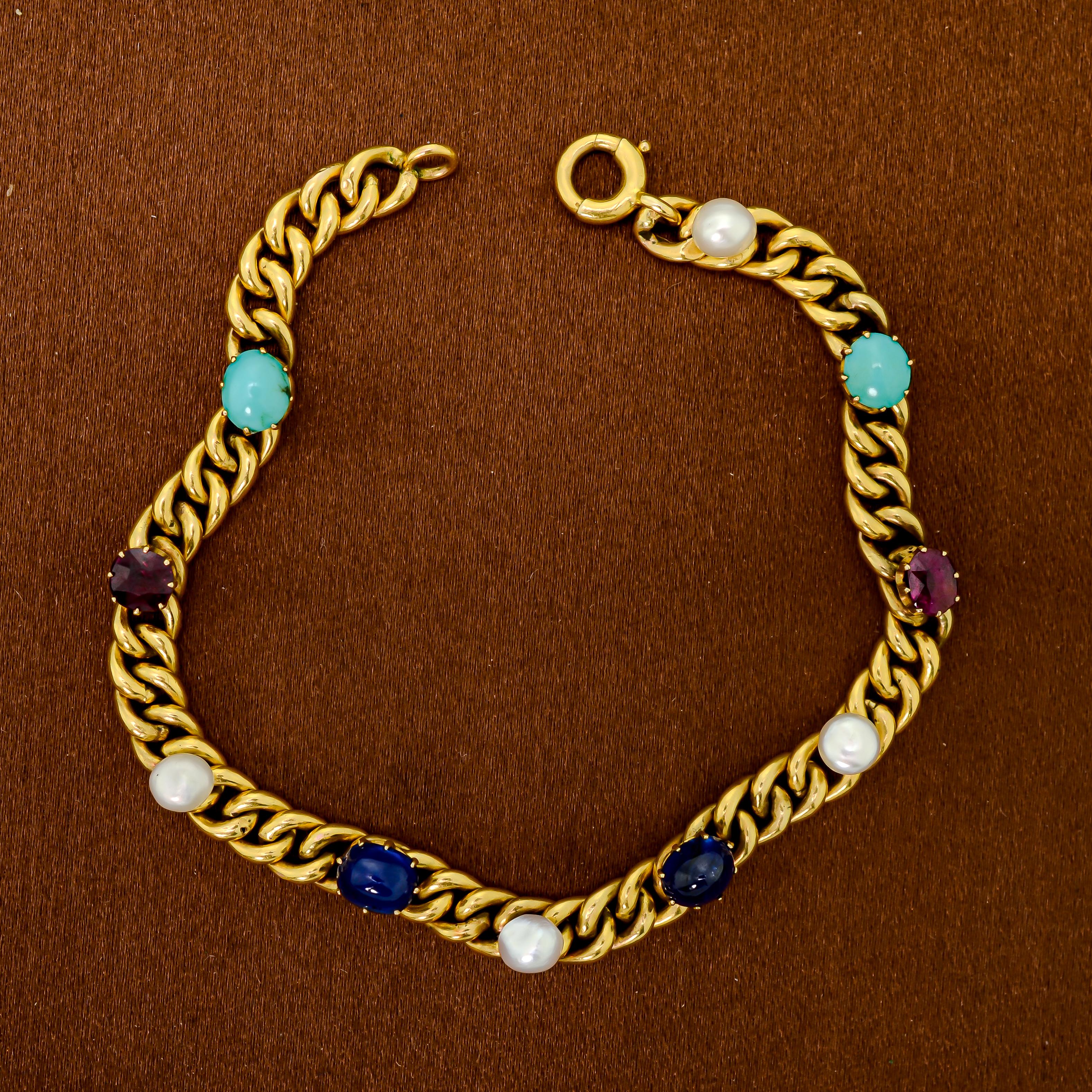 Women's or Men's Delightful Victorian 18 Karat Yellow Gold Curb-Link, Gem-Set Bracelet