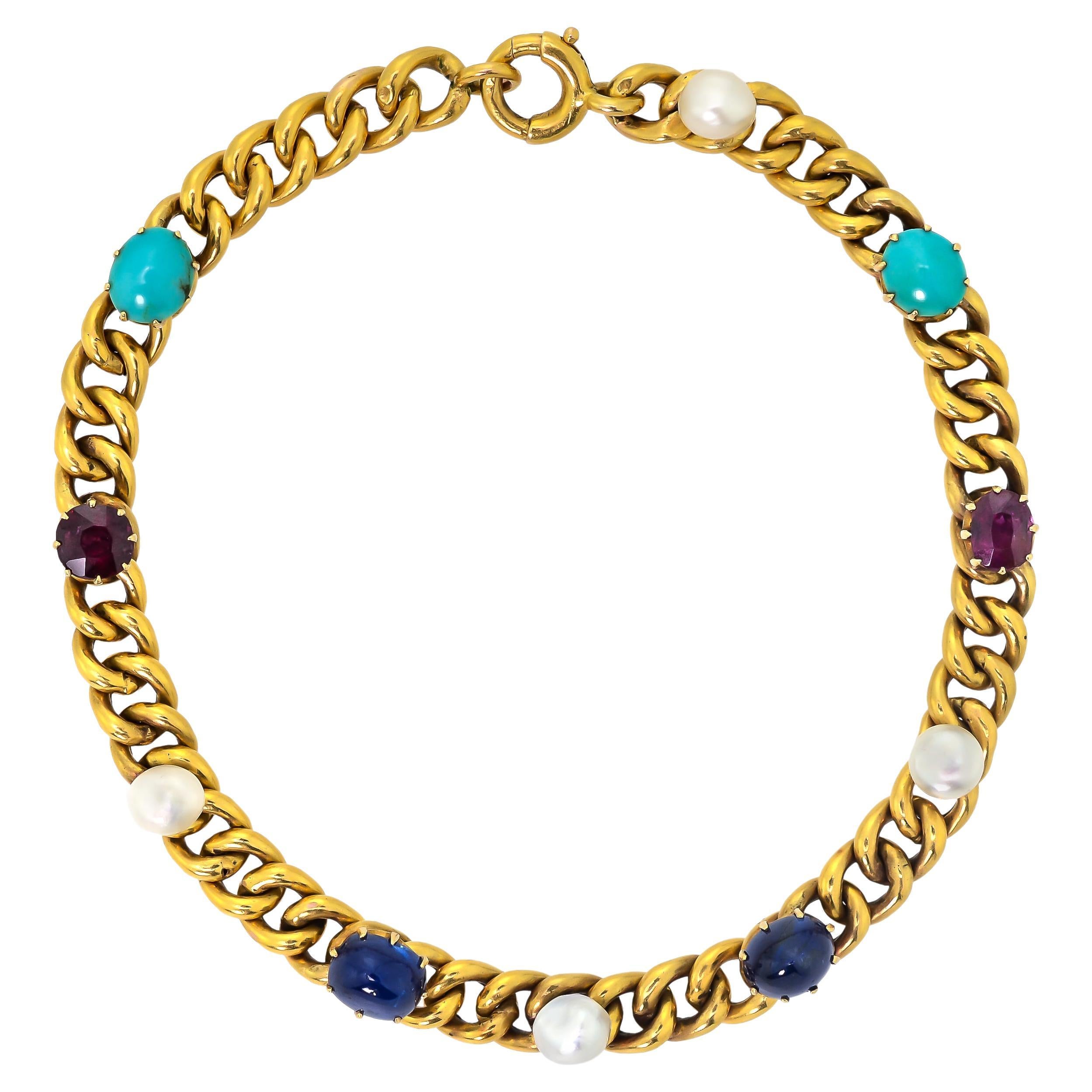 Delightful Victorian 18 Karat Yellow Gold Curb-Link, Gem-Set Bracelet