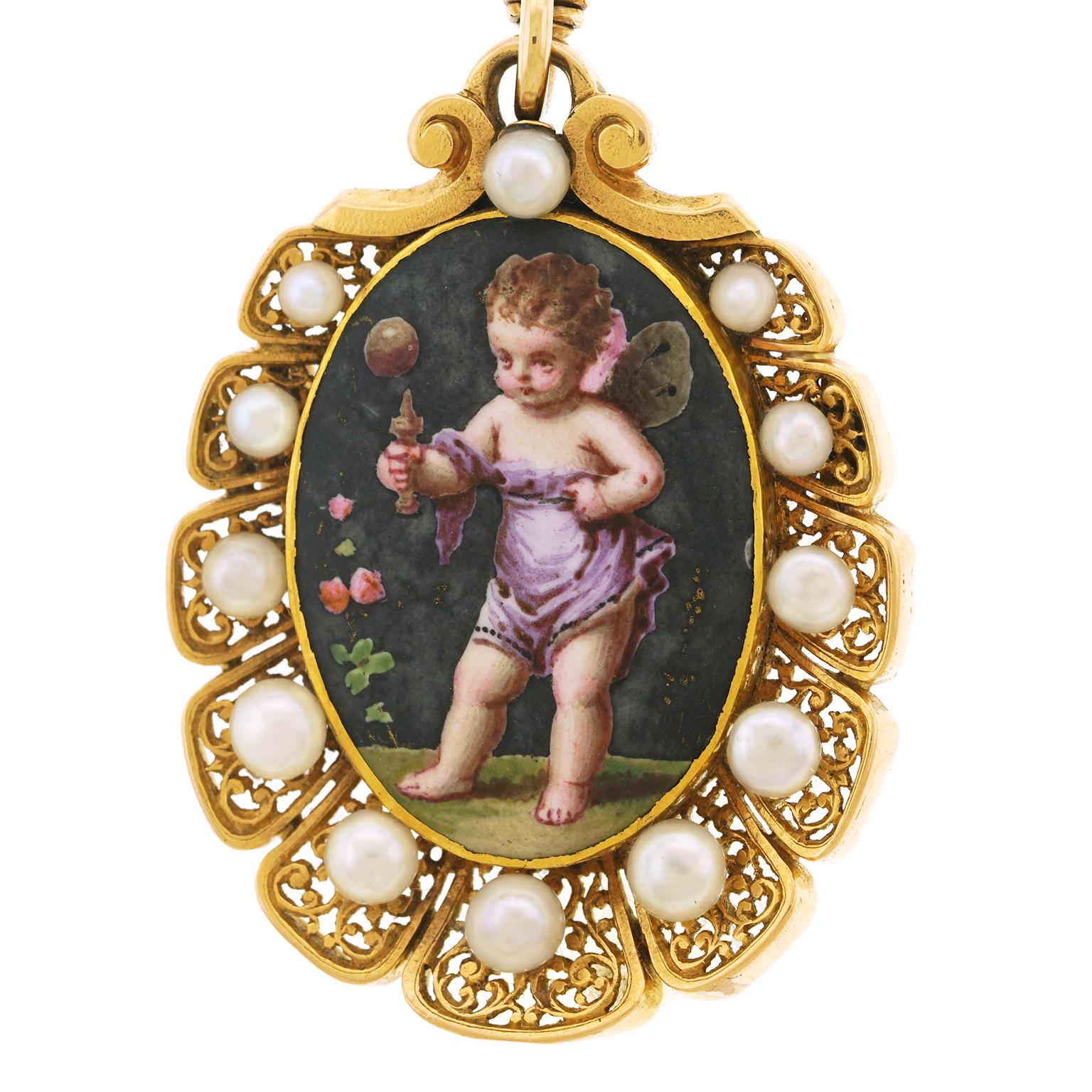 Women's or Men's Delightful Victorian Enameled Purple Fairy Pin Pendant in Gold