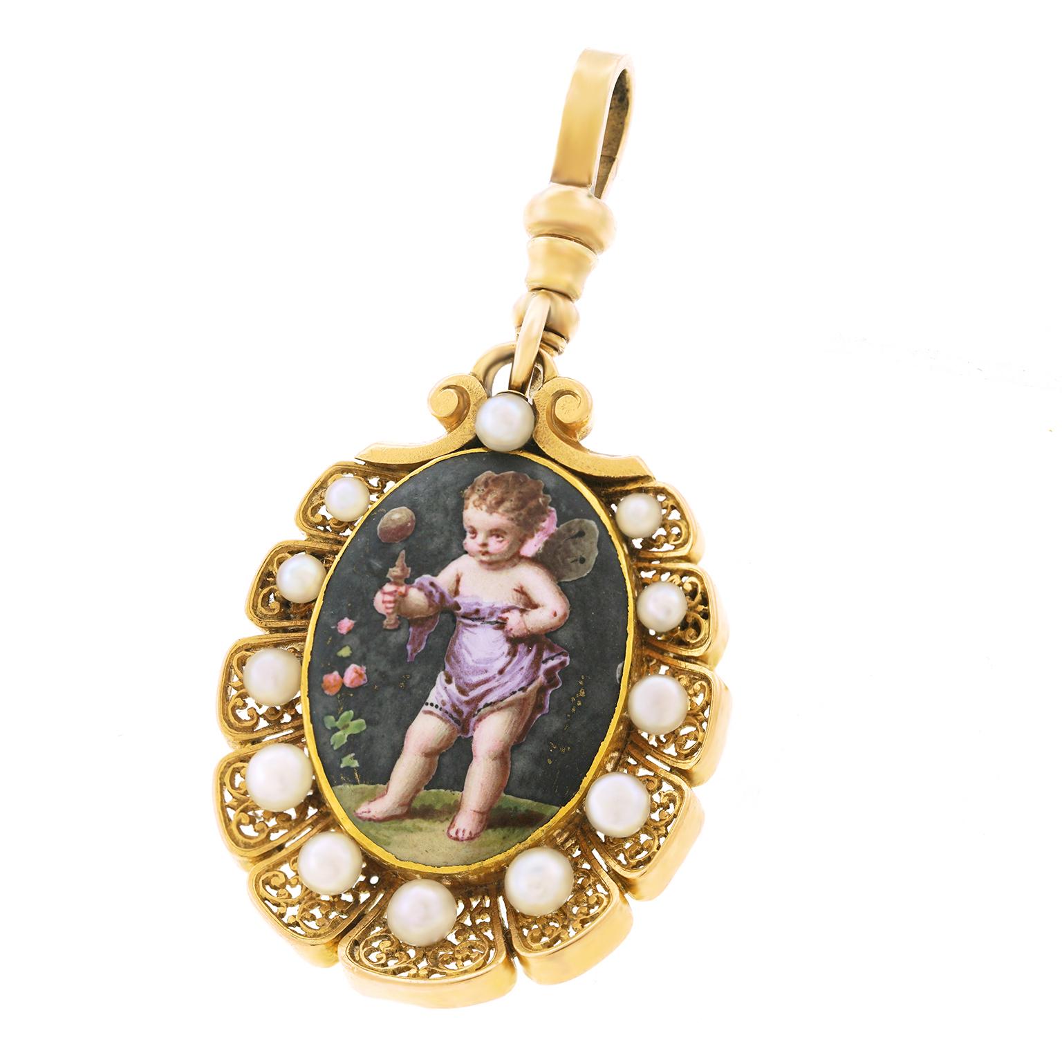 Delightful Victorian Enameled Purple Fairy Pin Pendant in Gold