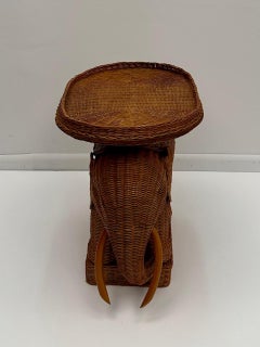 Delightful Vintage Natural Wicker Elephant Tray Top End Table