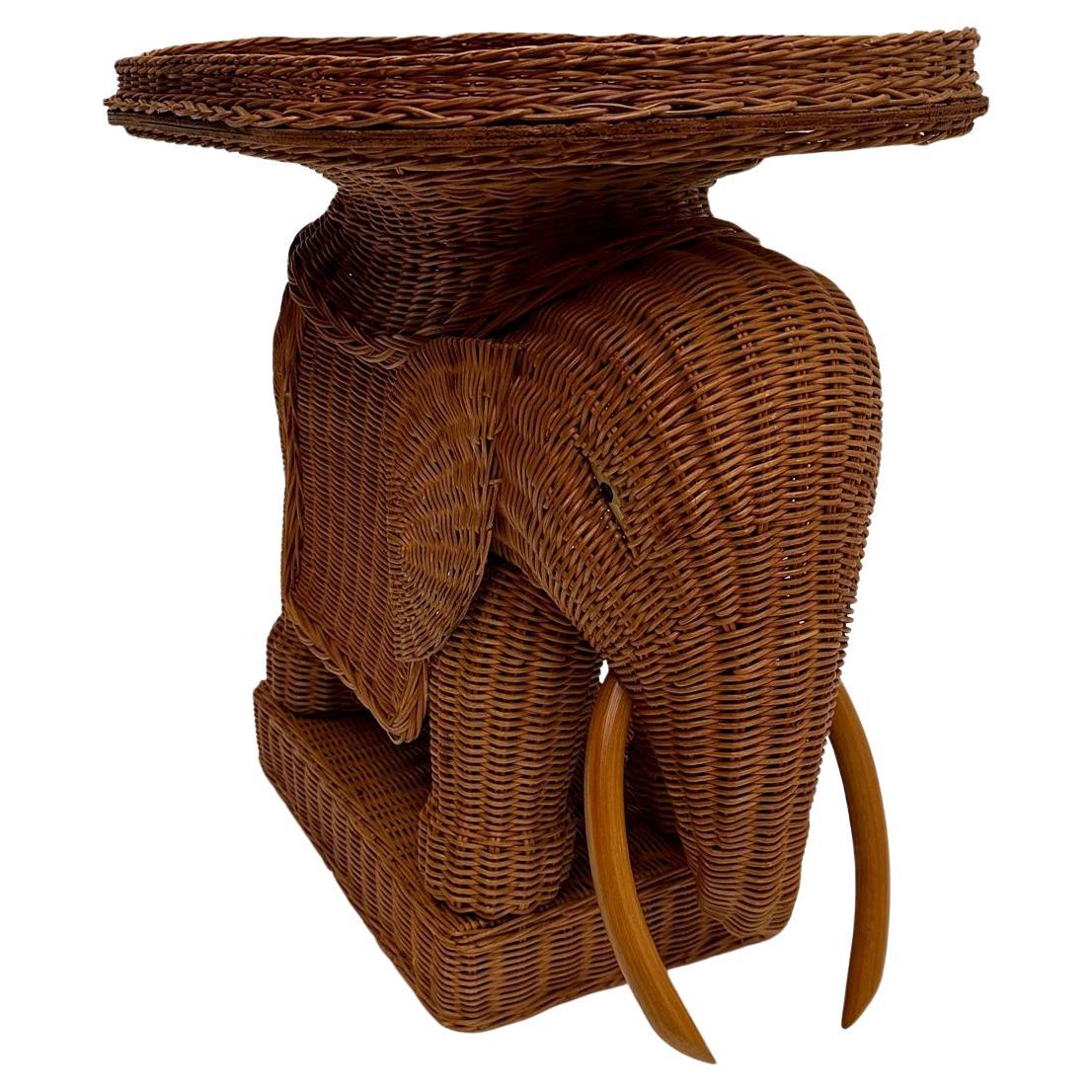 Delightful Vintage Natural Wicker Elephant Tray Top End Table