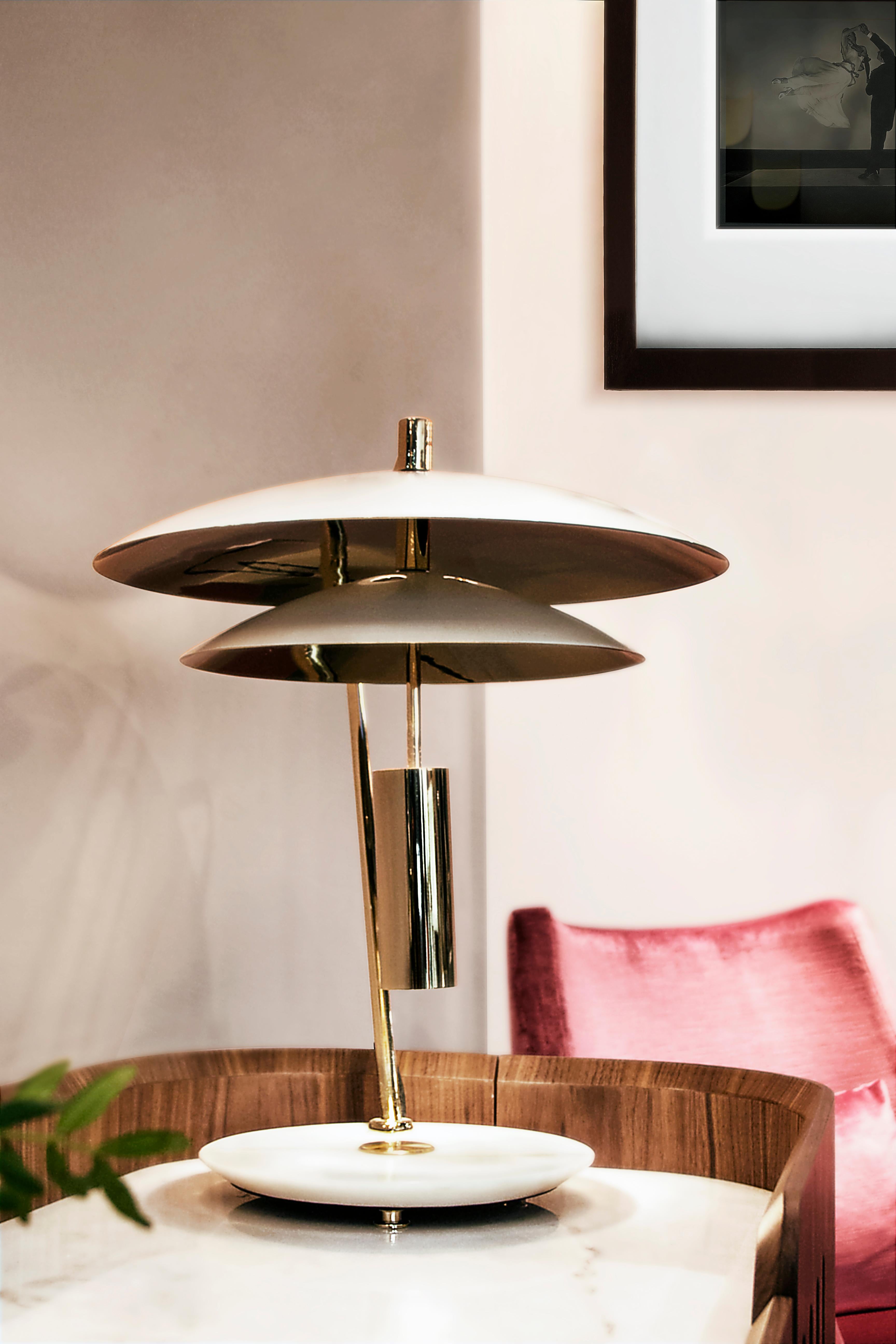 Hand-Crafted Basie Table Light in Brass with Tiered White Shades For Sale
